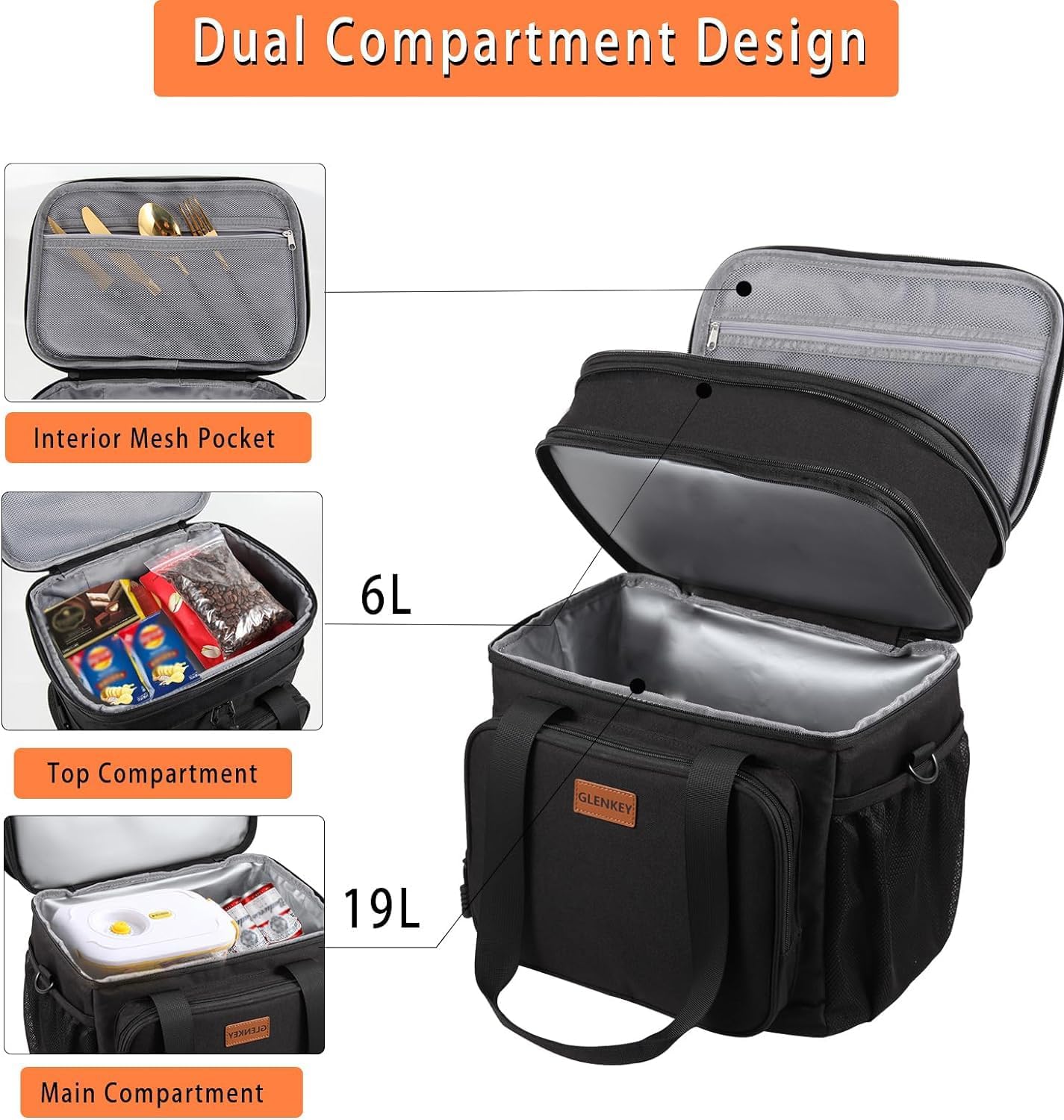 Expandable Large Lunch Bag, Double Deck Insulated Lunch Box Leakproof Durable Soft Cooler Bag for Men Women Adults Work Construction Beach Picnic Daytrip,16L,Black, GLENKEY