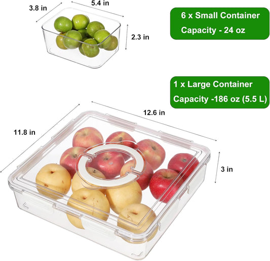 Taiuloo Divided Serving Tray with Lid & Handle, Airtight 6 Compartment Snackle Box Charcuterie Container, Fridge Organizer Bins, Food Storage Container Veggie Tray for Snack, Fruit, Salad, Nut - PuriLite