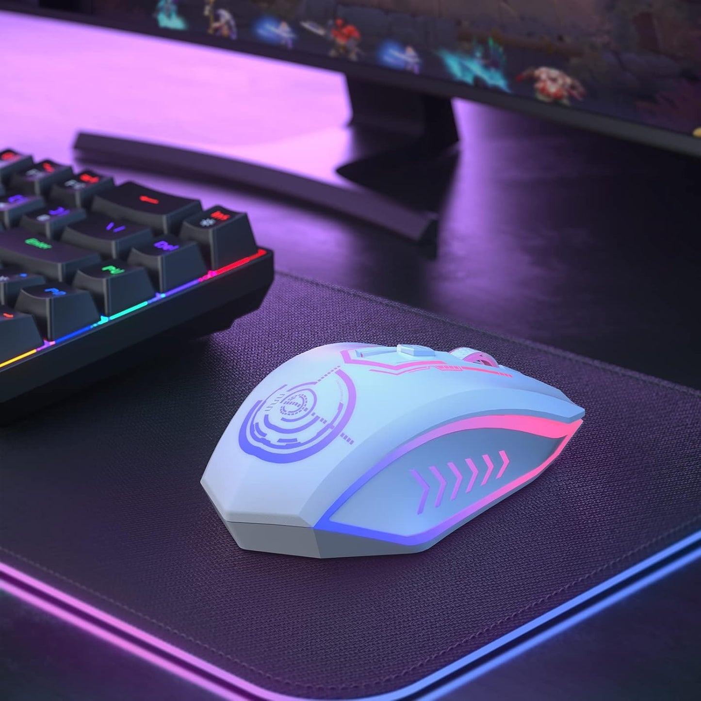Wireless Gaming Mouse Up to 10000 DPI, UHURU Rechargeable USB Wireless Mouse with 6 Buttons 7 Changeable LED Color Ergonomic Programmable MMO RPG for PC Laptop, Compatible with Windows Mac