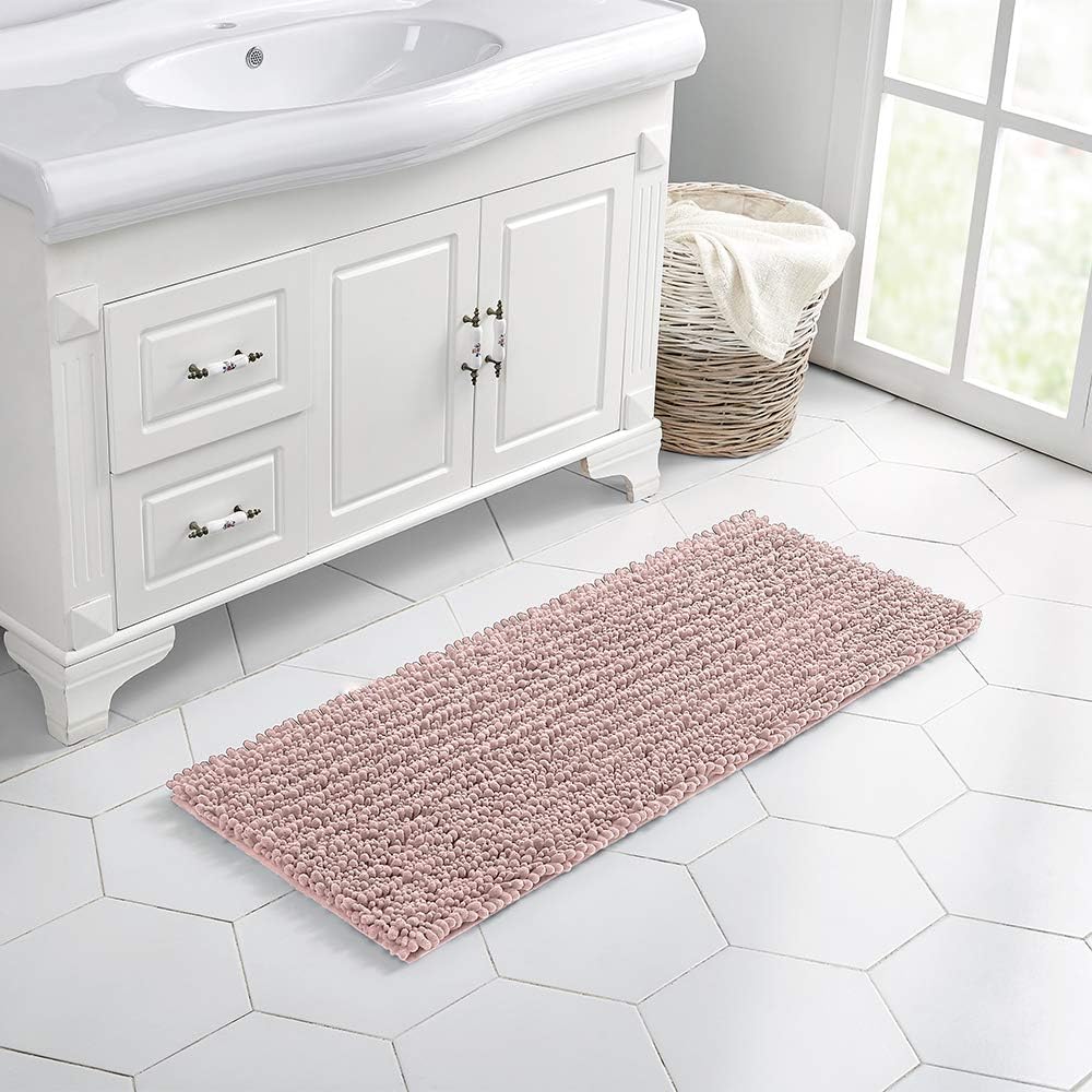 Walensee Bathroom Rug Non Slip Bath Mat (24x17 Inch Blush) Water Absorbent Super Soft Shaggy Chenille Machine Washable Dry Extra Thick Perfect Absorbant Best Small Plush Carpet for Shower Floor