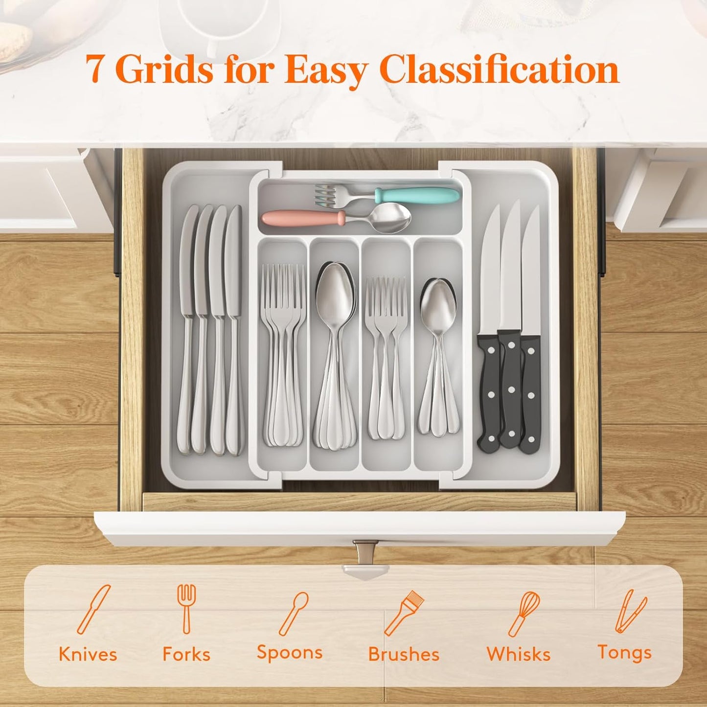 Lifewit Cutlery Organizer, Expandable Utensil Organizer for Kitchen, Utensil Holder, Adjustable Cutlery Rack Organizer for Spoons, Knives, Kitchen Organizers and Storage, Black