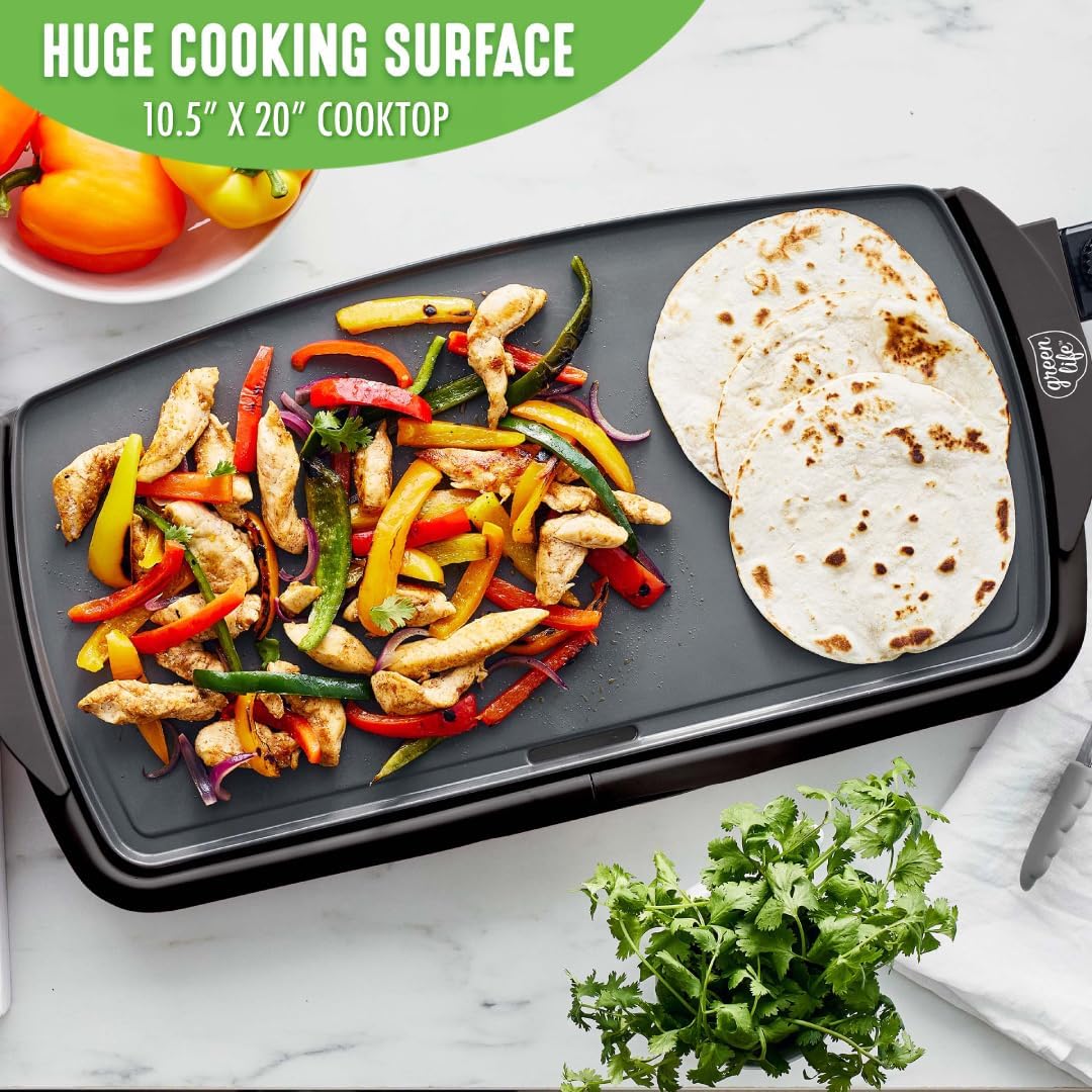 GreenLife Healthy Ceramic Nonstick, Extra Large 20" Electric Griddle for Pancakes Eggs Burgers and More, Stay Cool Handles, Removable Drip Tray, Adjustable Temperature Control, PFAS-Free, Soft Pink