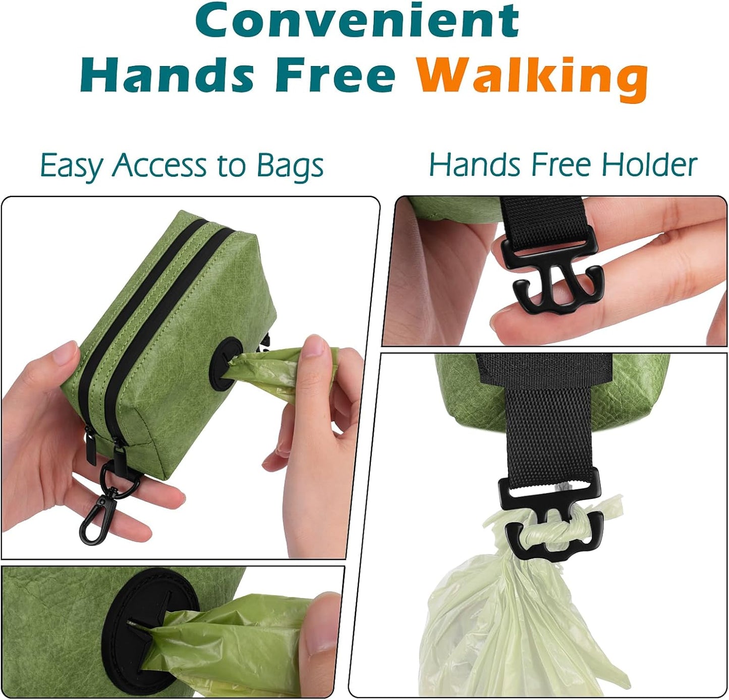 PetBonus Waterproof Dog Poop Bag Holder for leashes, Portable Pet Waste Bag Dispenser, 2 Pouches for Treat Holder and Walking Accessories, Fit All Leashes, Includes 1 Roll of Dog Poop Bags (Green)