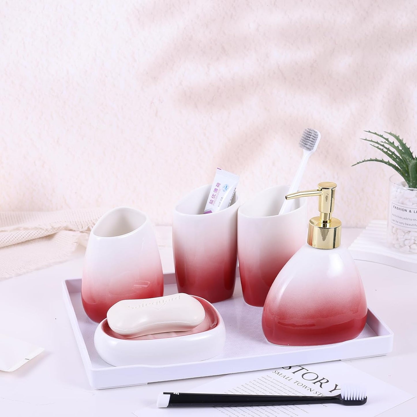 White Bathroom Accessories Set,Modern Countertop Bathroom Decor,Luxury 6 Piece Bathroom Accessory Set,Complete with Soap Dispenser,Toothbrush Holder,Tumbler,Tray