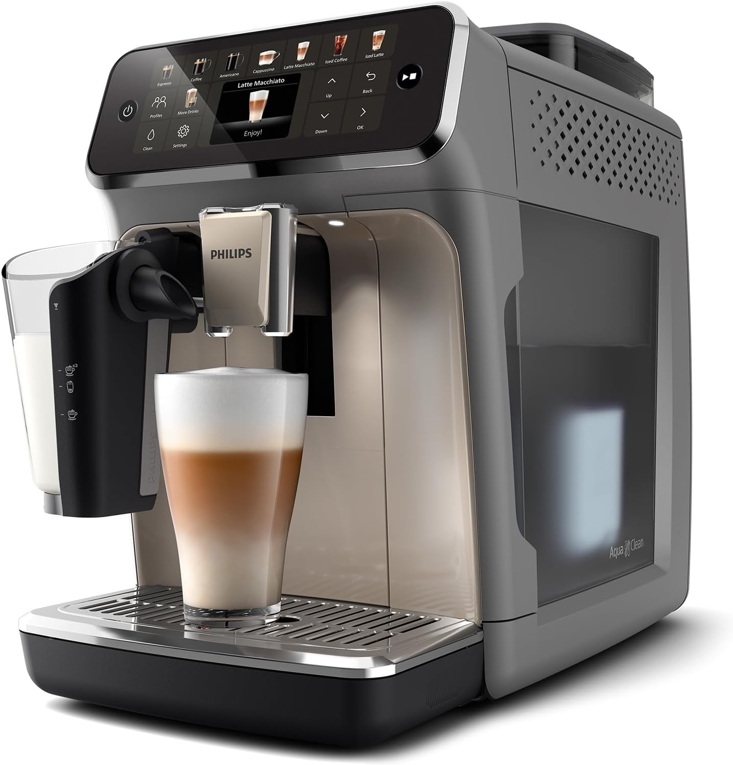 PHILIPS 5500 Series Fully Automatic Espresso Machine - LatteGo Milk System, 20 Coffee Varieties, Intuitive Touch Display, SilentBrew, 100% Ceramic Grinder, AquaClean Filter, Grey Chromed (EP5544/90)