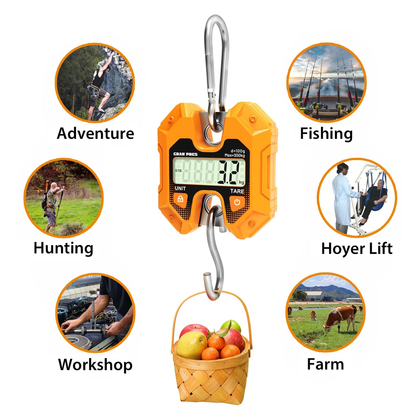 GRAM PRES Digital Hanging Scale 660LB/300KG,Handheld Mini Crane Scale,Deer Hunting Scales,Digital Scale with Hooks for Farm,Fishing, Fish, Meat,Game,Luggage,Outdoor.