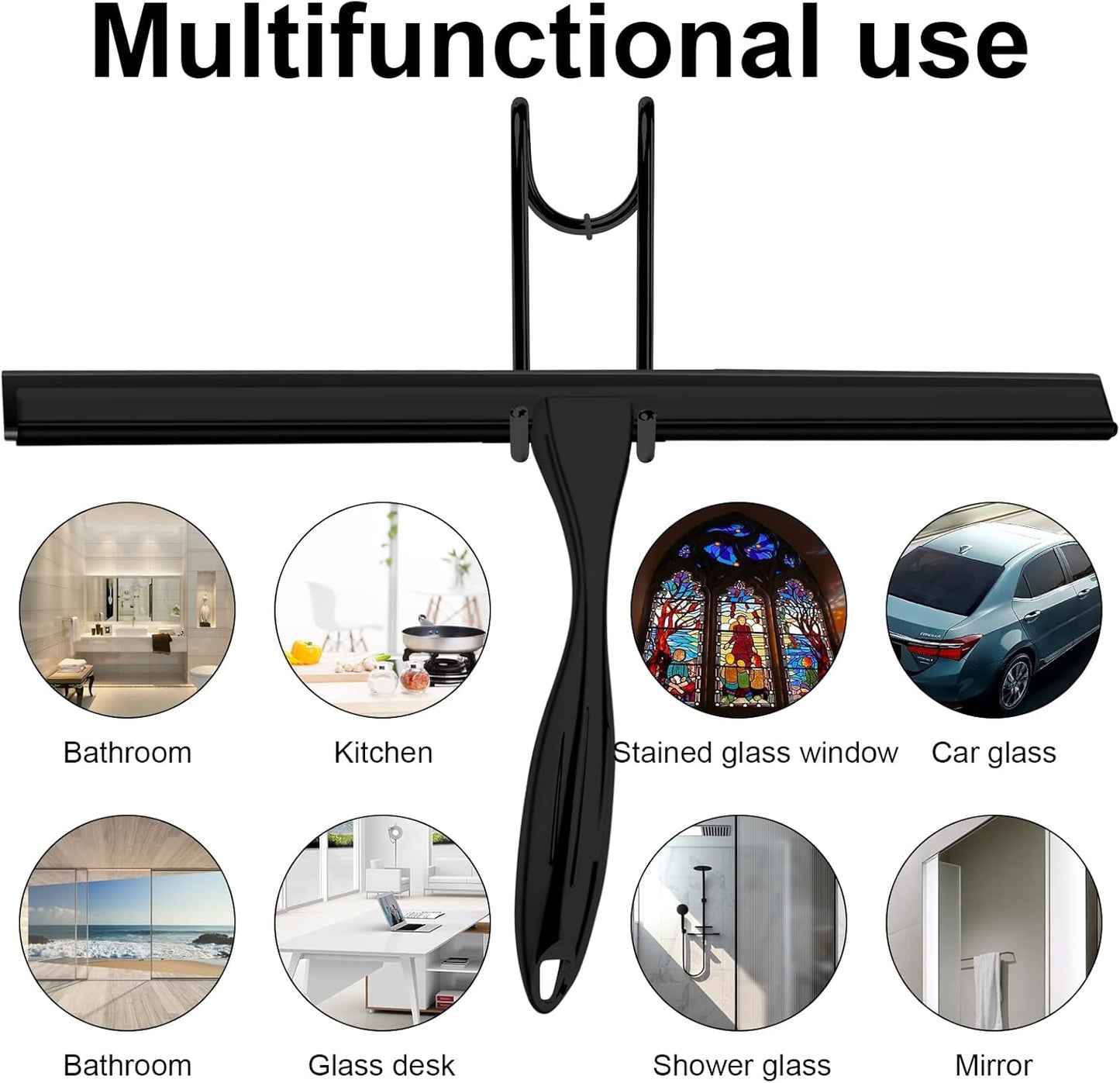14 Inch Shower Squeegee Stainless Steel with Shower Door Hook and Adhesive Hook Glass Squeegee Bathroom for Doors, Bathroom, Windows, Kitchen, Mirror with Spare Silicone Blade 2 Hooks