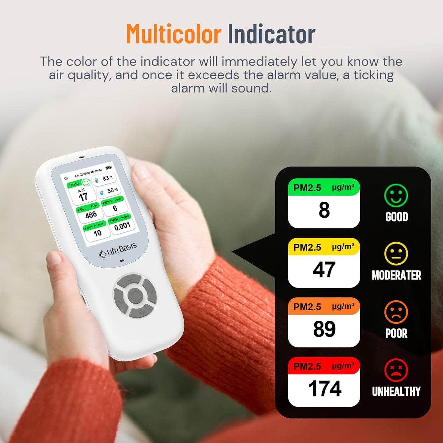LifeBasis Air Quality Monitor Indoor, 10-in-1 Air Quality Detector with Stand, Real-Time Air Meter Test AQI, PM1.0, PM2.5, PM10, CO2, TVOC, HCHO, Particles, Temperature and Humidity with Alert -Black