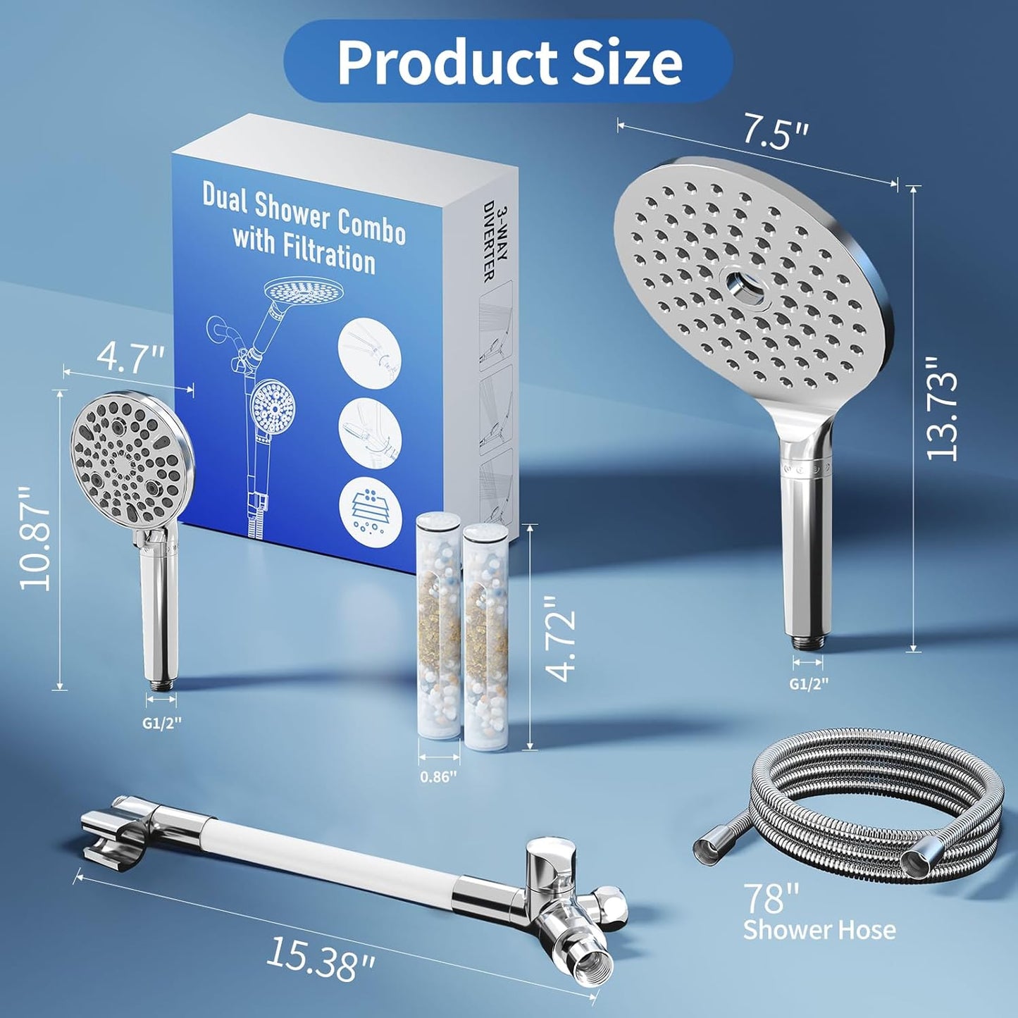 JONKEAN 7.5" Big Filtered Double Shower Head for Hard Water, Dual Shower Heads with Handheld Spray Combo, 9 Modes Waterfall Rain Shower Head High Pressure with Long Hose & Adjustable Bar(Matte Black)