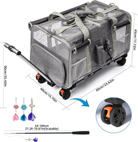 Foldable Large Pet Carrier with Wheels—Accommodates Two Pets, Includes cat Toy and Storage Strap. Breathable and Portable, Ideal for Hiking, Camping, and Travel (Gray)