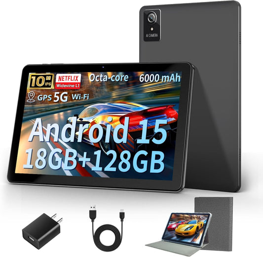 Tablet 10 Inch, 2025 Android 15 Newest Tablets, 18GB+128GB, 1TB Expand, Widevine L1 Compatible Octa-Core Tablet with WiFi 6, 6000mAh Battery, Dual Camera(5MP+8MP)