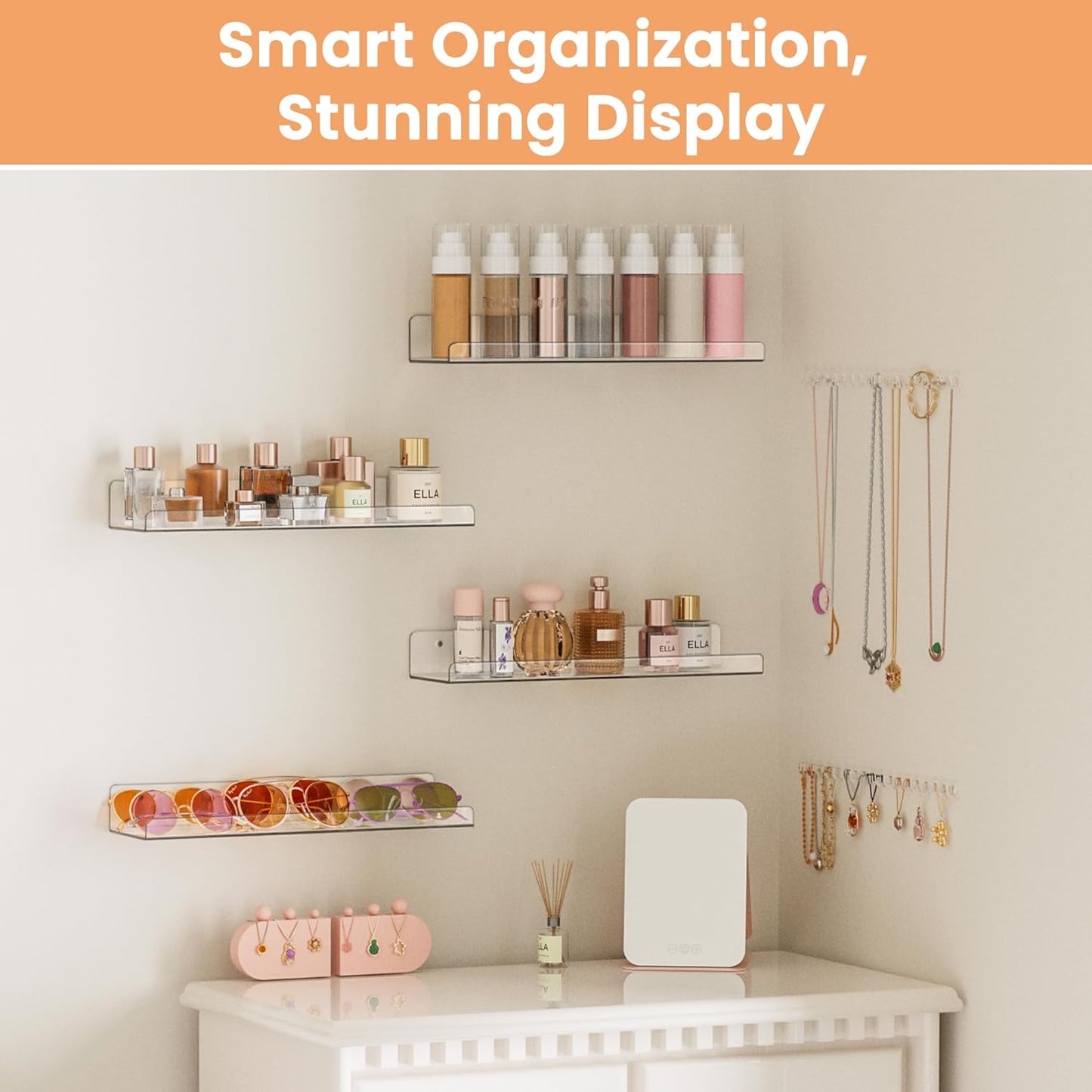 upsimples Clear Acrylic Shelves for Storage, 15" Floating Shelves Wall Mounted for Kids Bookshelf/Display Ledge for Bedroom, Living Room, Bathroom, Kitchen, Set of 4