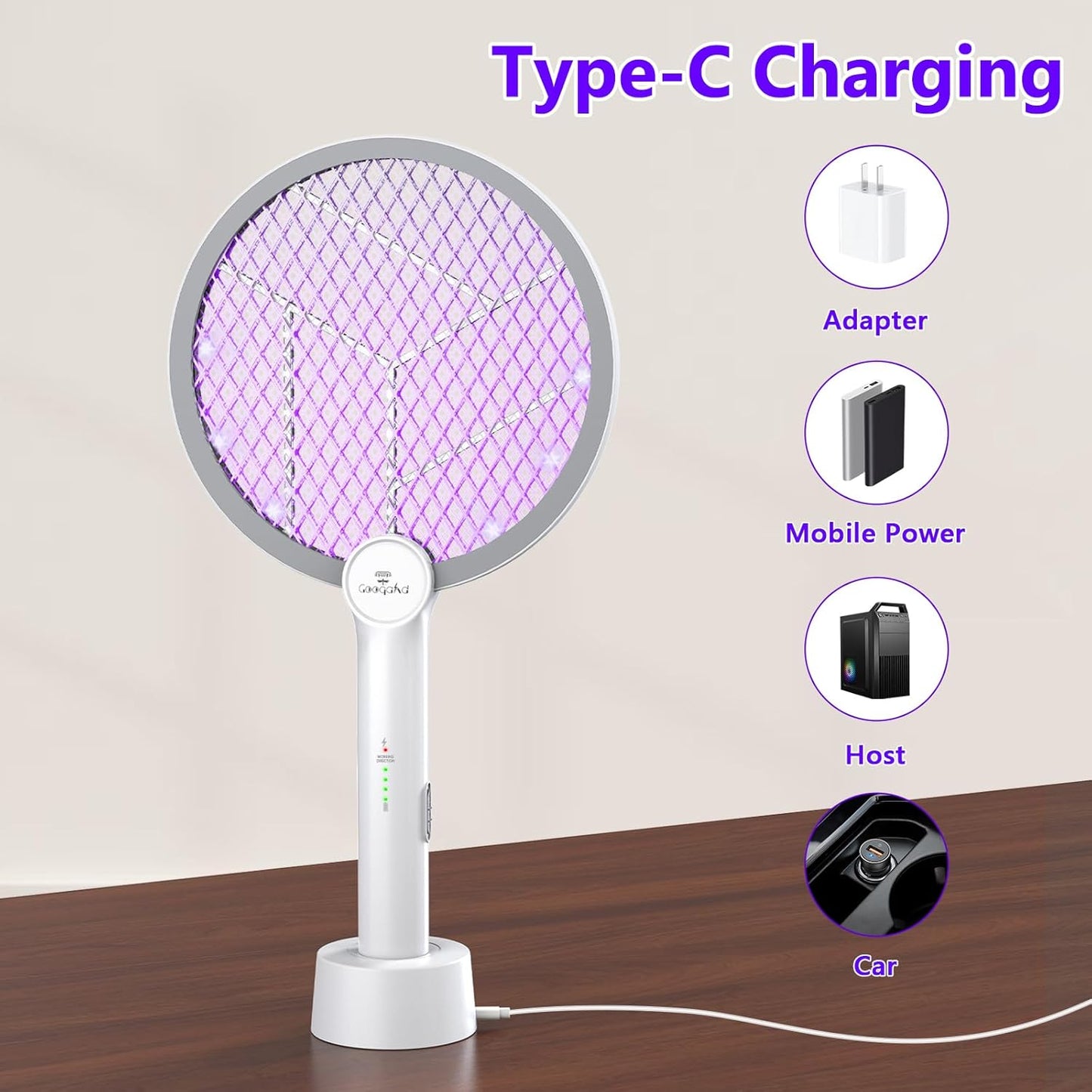Gooqand Bug Zapper Racket, 2 in 1 Electric Fly Swatte with 3 Layer Safety Mesh, 4000V Fly Zapper with USB Rechargeable, Indoor Outdoor Fly Racket for Bedroom, Kitchen, Camping