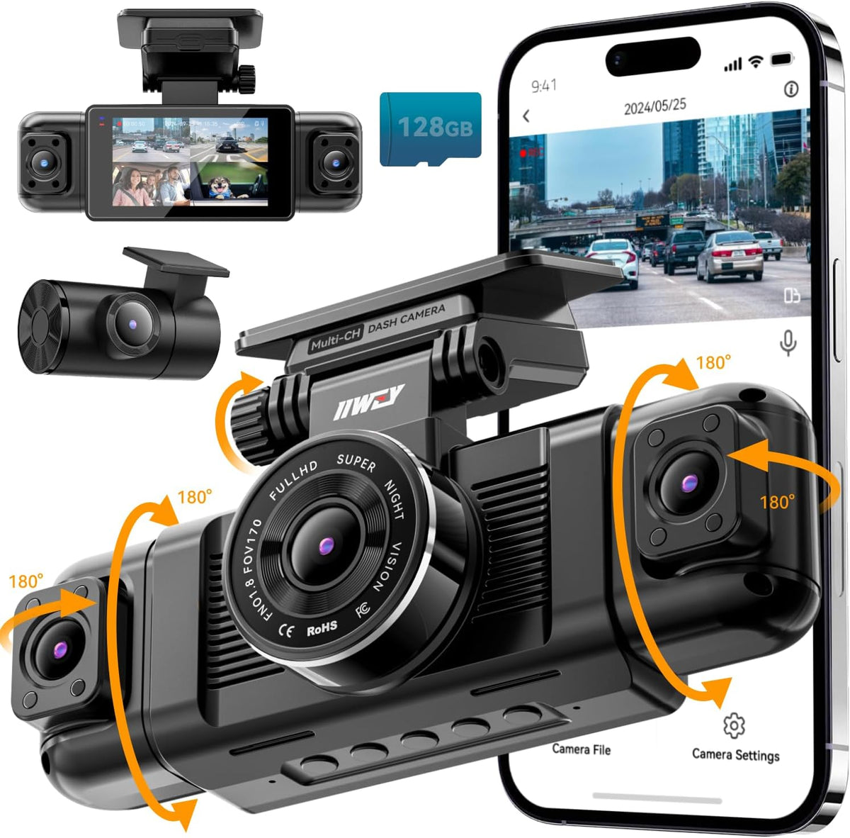 IIWEY N5 4 Channel Dash Cam, 360° All-Sides View, FHD 1080P Front and Rear Inside, Left Right Dash Camera for Cars, 8 IR Lamps, 5G WiFi & APP Control, 24H Parking Mode, G-Sensor, with a 128GB SD Card