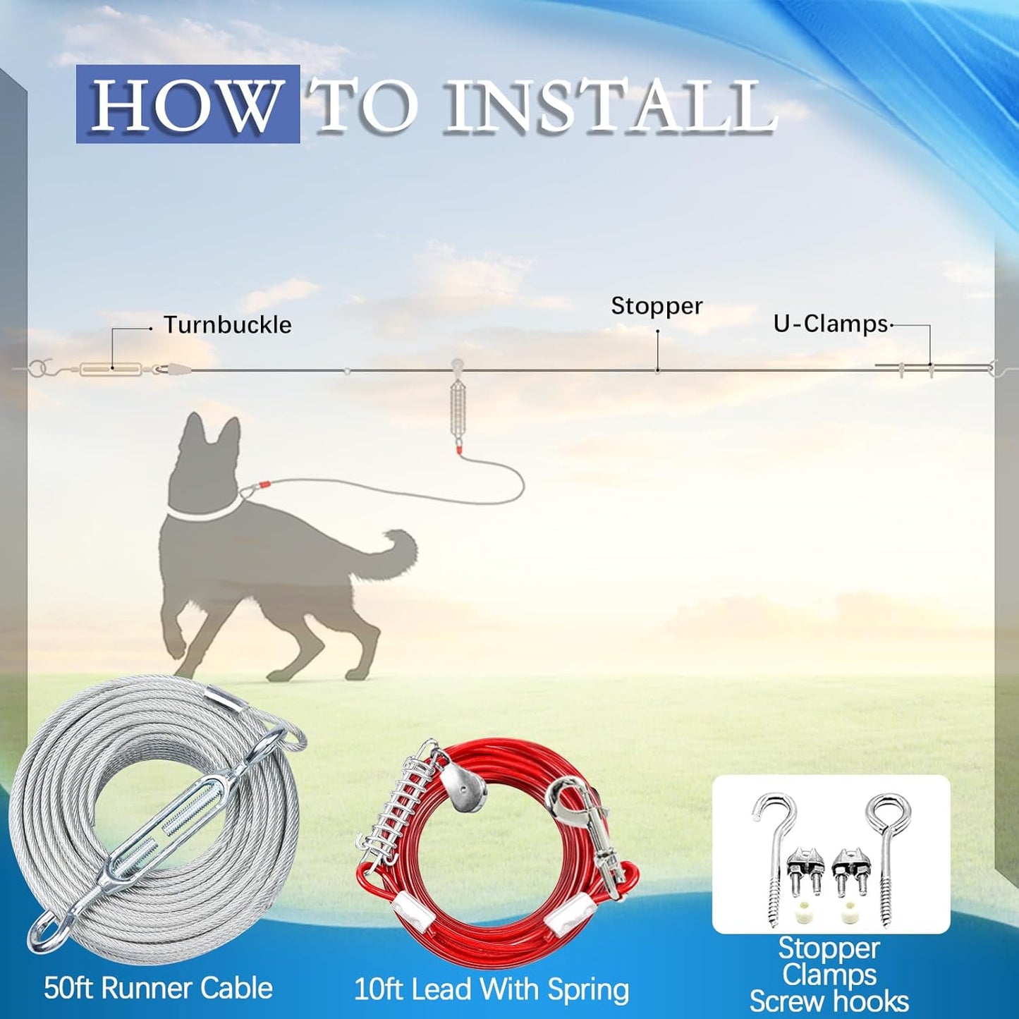 Snagle Paw Dog Tie Out Runner for Yard,Trolley System for Large Dogs,Heavy Duty Dog Run Cable with 10ft Pulley Runner Line for Dogs Up to 125lbs,Yard or Camping,75ft