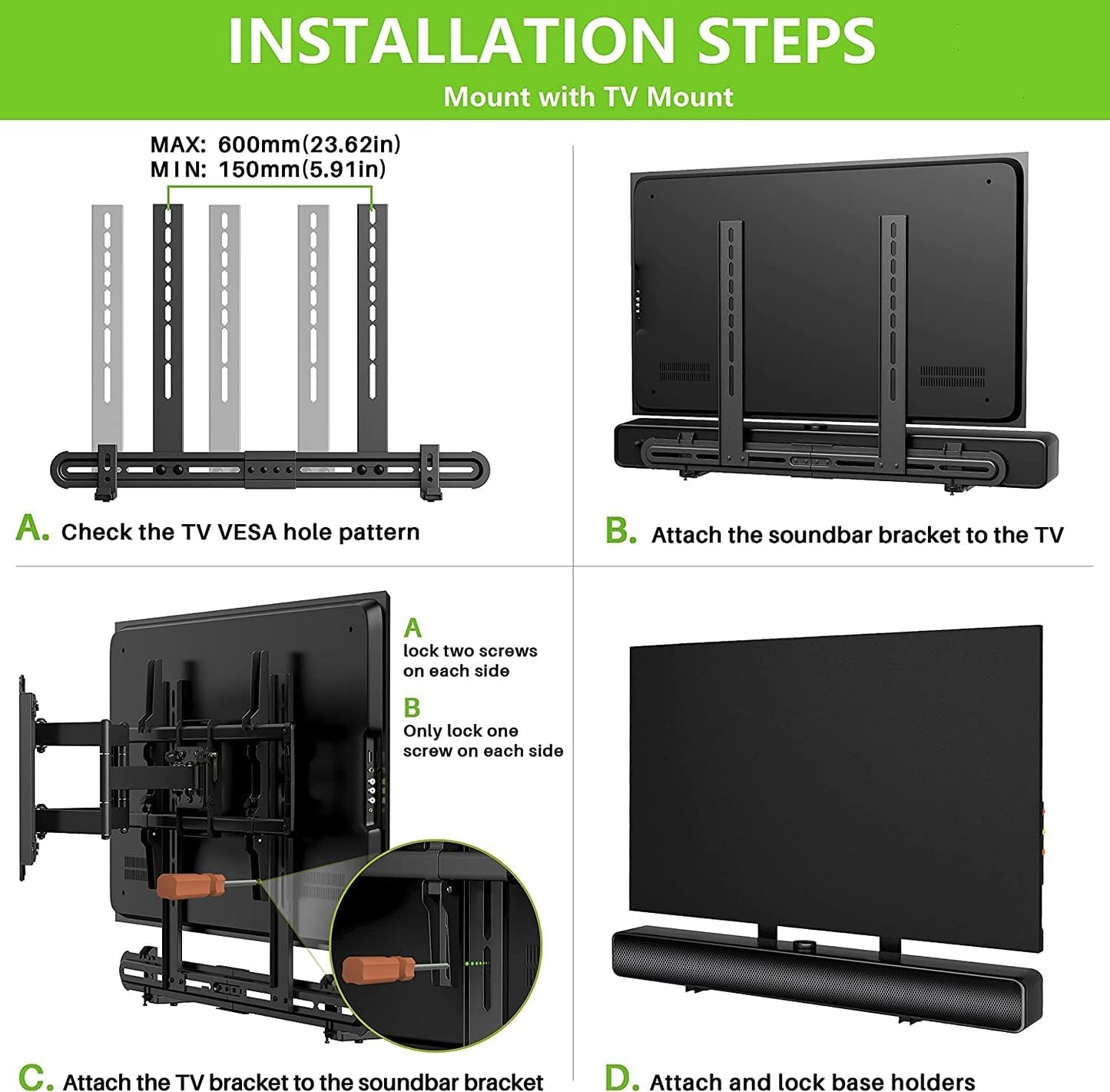 USX MOUNT Universal Soundbar Mount to TV, Sound Bar Wall Mount Bracket Above or Under TV, Up to 13 Lbs, Removable No-Slip Base Holder Extends 3.46”-6.06, Easy to Install, XAS002