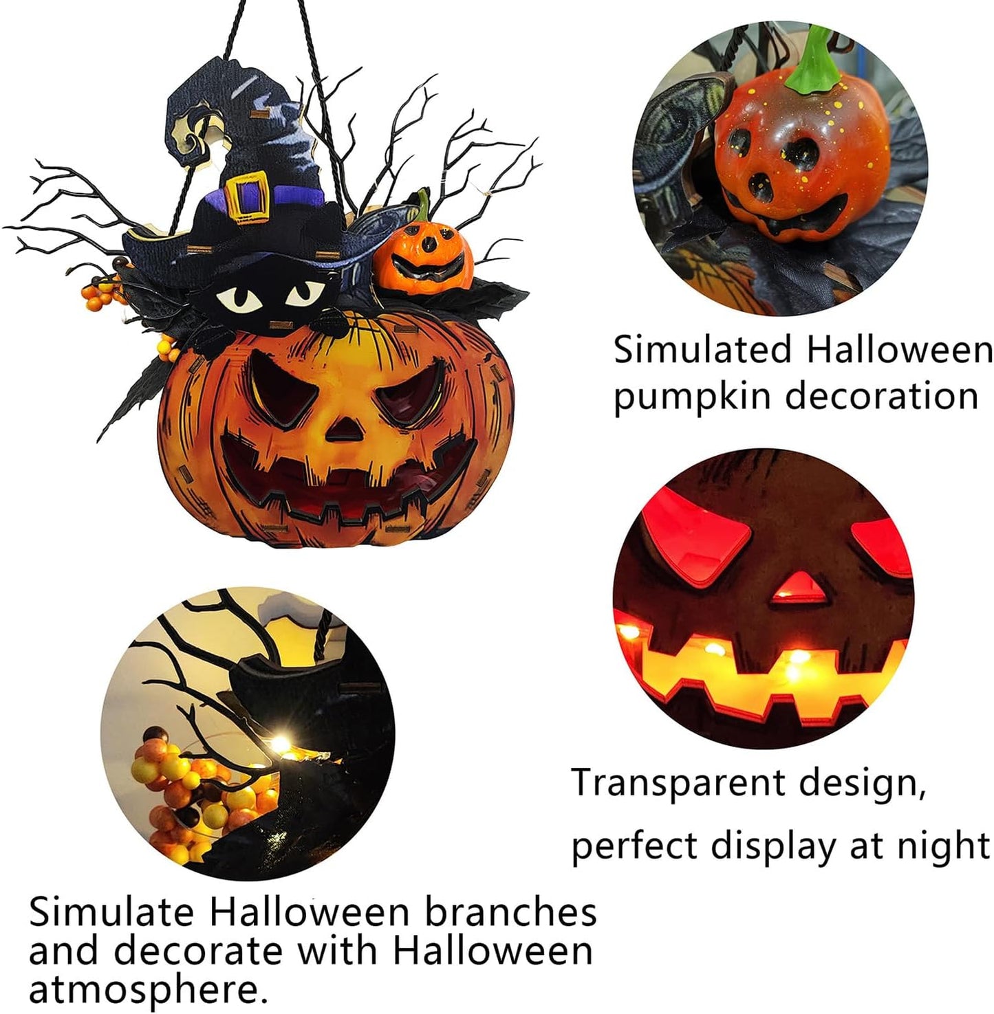 Halloween Pumpkin Lights Lantern with Black Maple Leaves Berries Hanging Decoration with Led Lights Battery Operated Halloween Decor for Home Outdoor Front Door Party
