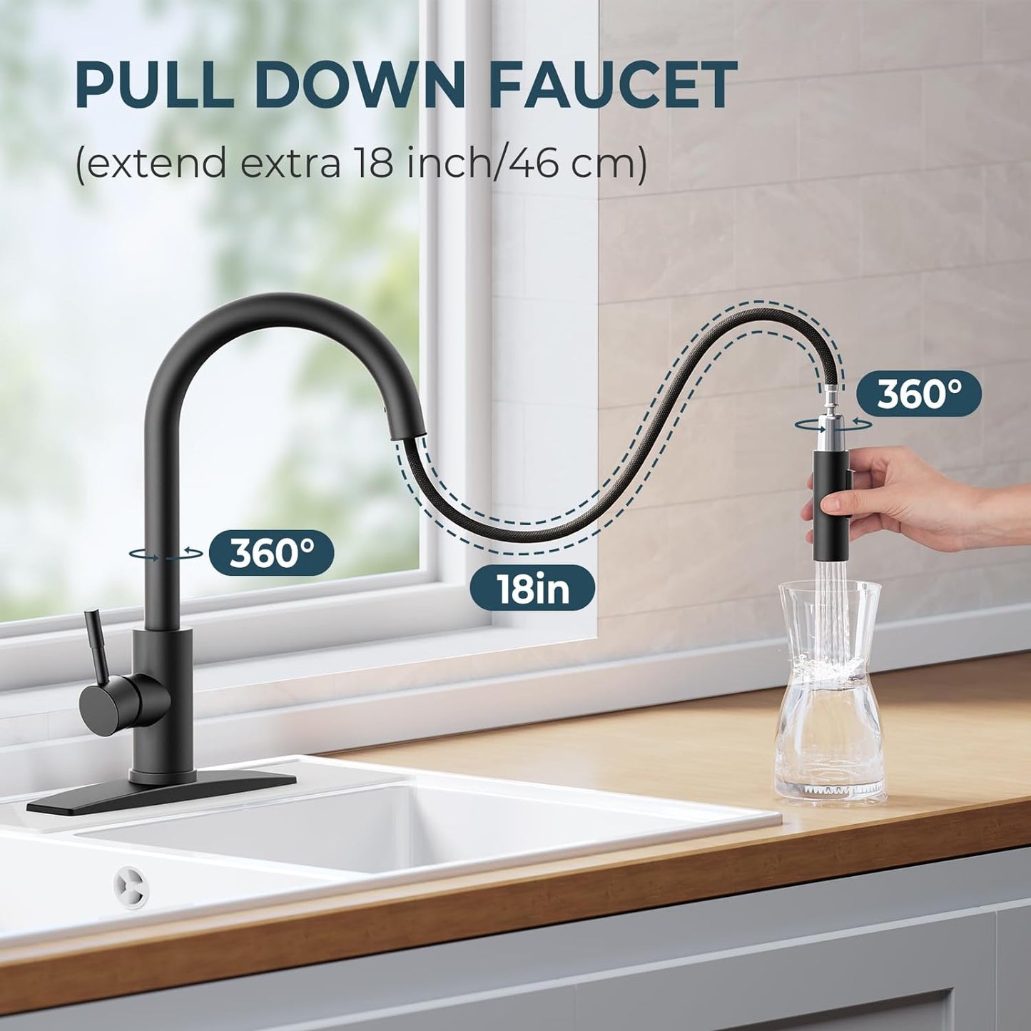 FORIOUS Kitchen Faucet with Pull Down Sprayer, Stainless Steel Single Handle Classic Sink Faucet 1 Or 3 Hole, Dual Function Faucet for Farmhouse, Camper, Laundry, Rv, Bar, Mattle Black