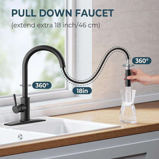 FORIOUS Kitchen Faucet with Pull Down Sprayer, Stainless Steel Single Handle Classic Sink Faucet 1 Or 3 Hole, Dual Function Faucet for Farmhouse, Camper, Laundry, Rv, Bar, Mattle Black - PuriLite