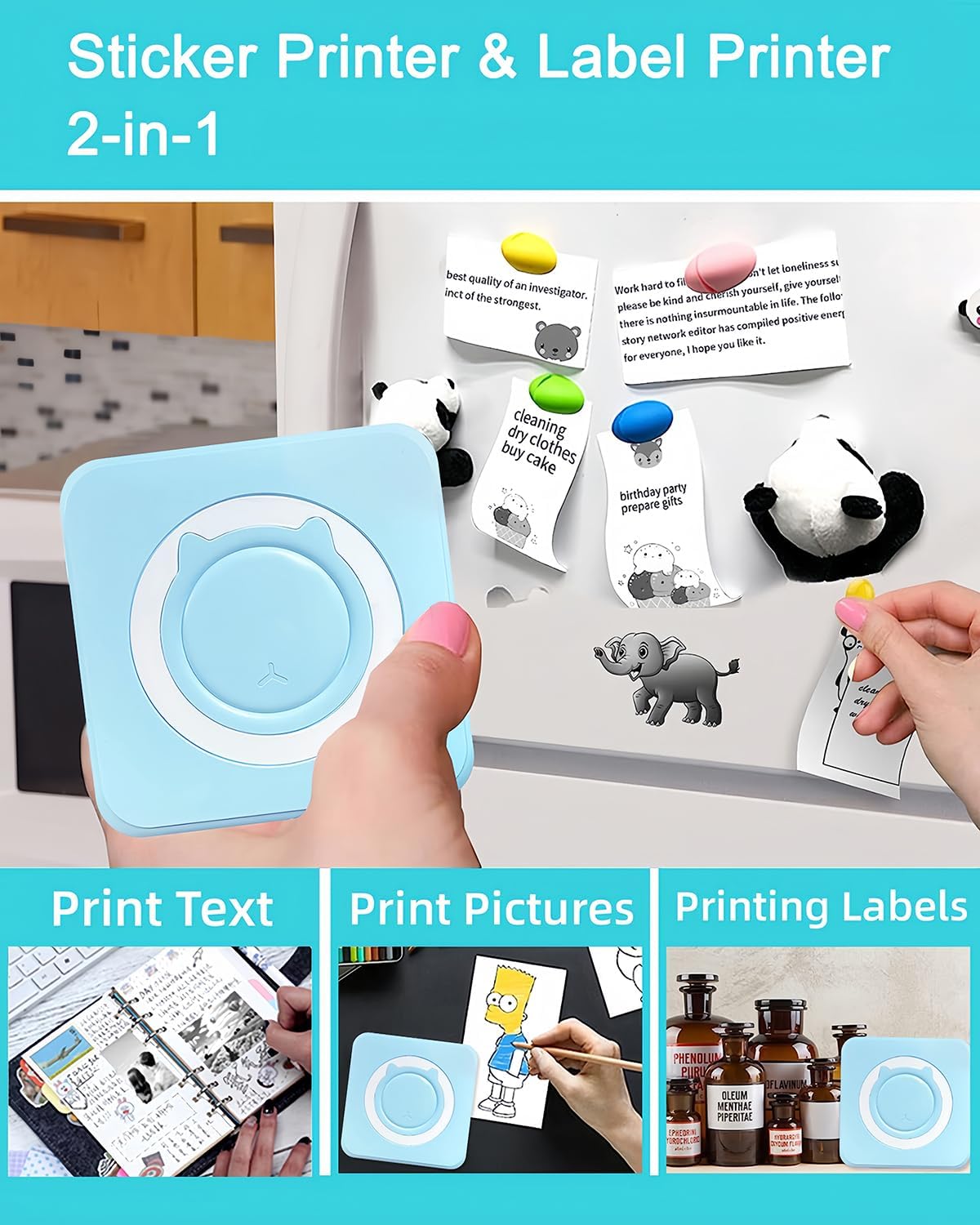 Label Maker - Mini Portable Sticker Printer with 13 Rolls Self-Adhesive Thermal Papers, Labeller Machine for Home Office Study Business Texts Journal, Blue