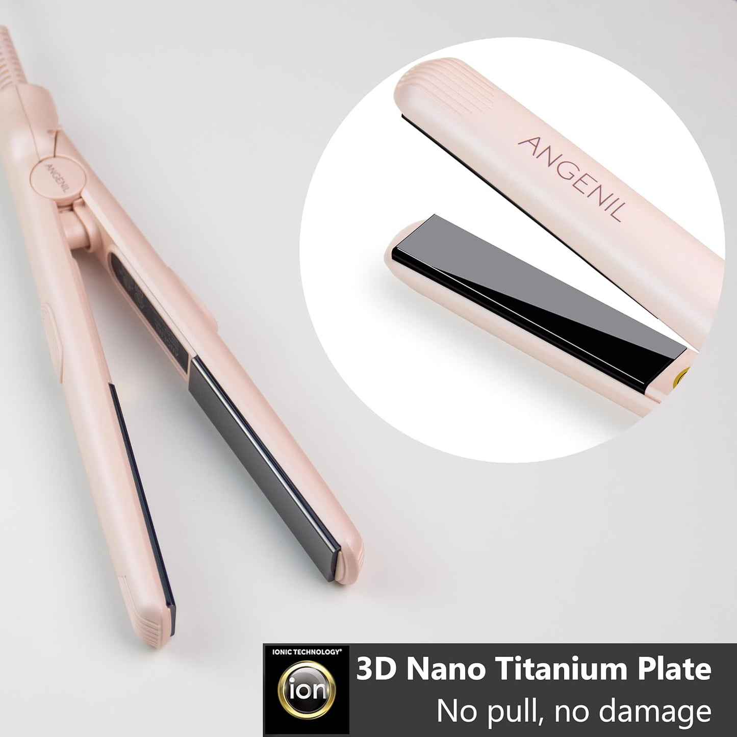 ANGENIL Pro Titanium Flat Iron Hair Straightener, Dual Voltage Straightening and Curling Iron in One, 15s Fast Heating, Negative Ion Round Pink Hair Straightener with Heat Resistant Silicone Mat Pad