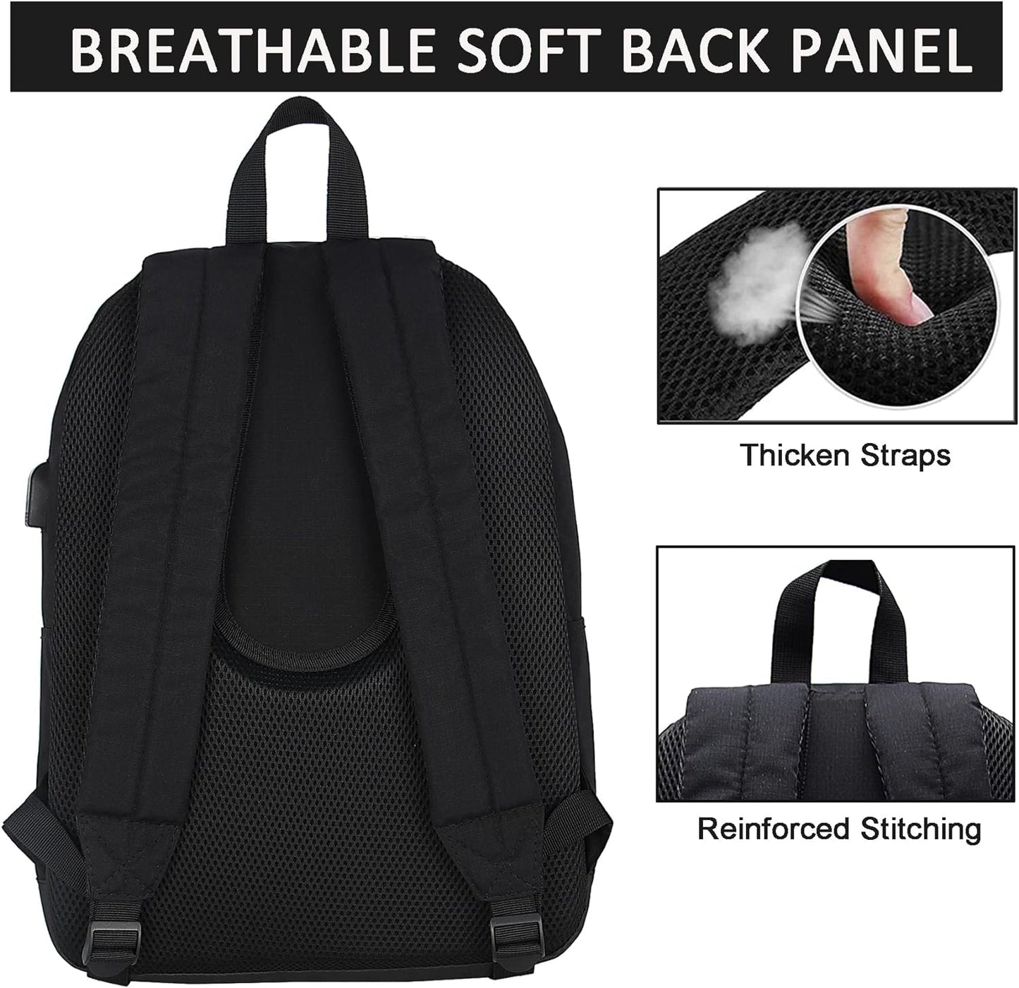 SUPACOOL Casual Laptop Backpack with USB Charging Port for Men and Women, School Bookbag for College, Lightweight Pack Back(Dark Black)