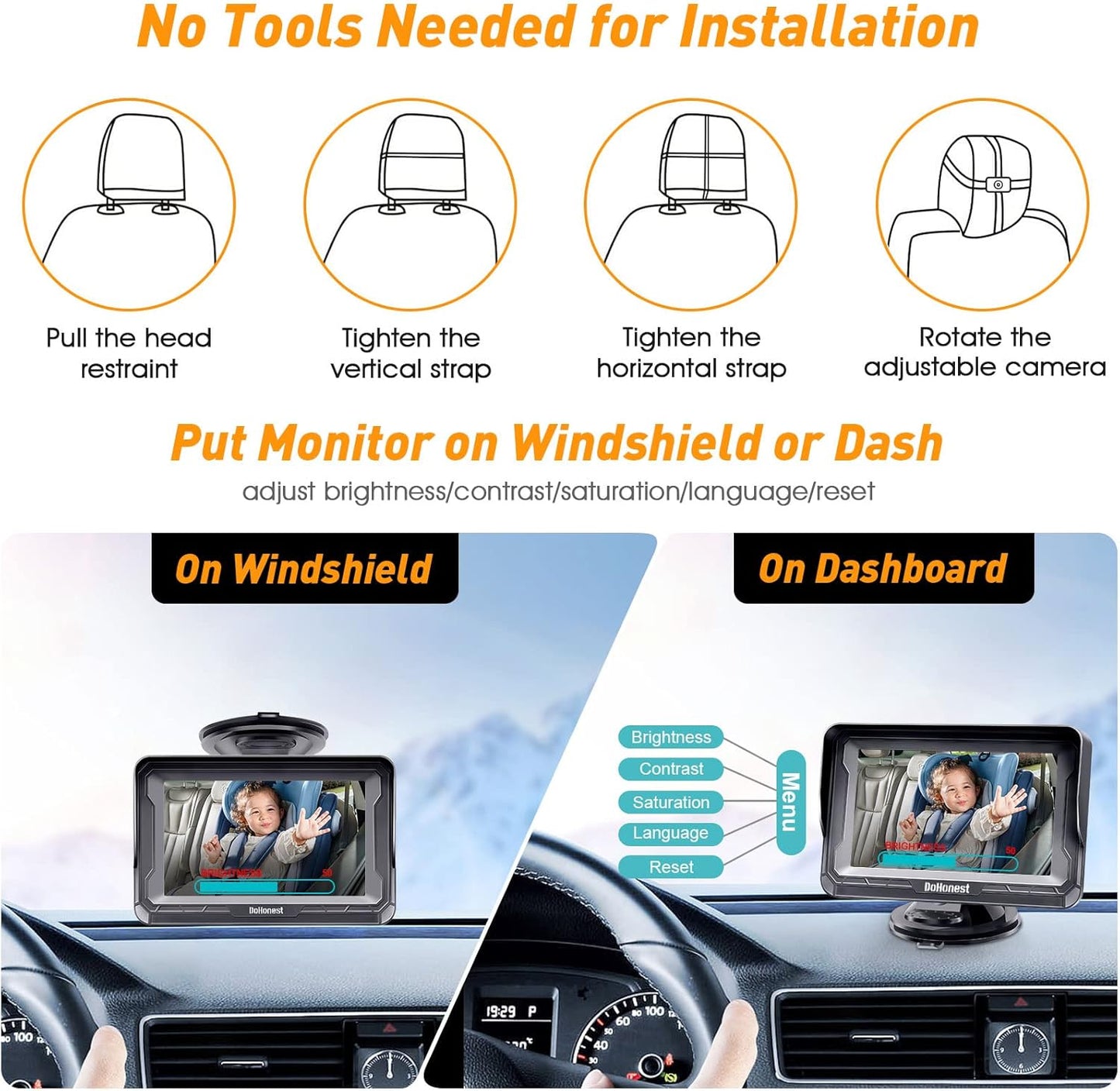 DoHonest Baby Car Camera for Backseat: HD 1080P Easy Setup Carseat Camera Rear Facing Infant - Clear Night Vision 360° Rotating Baby Car Monitor