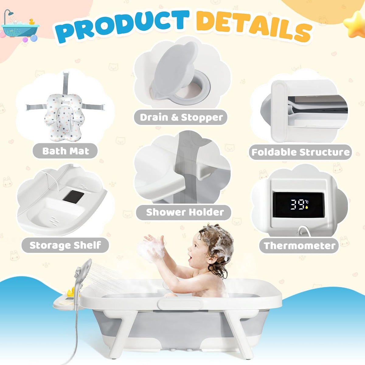 Orzbow Collapsible Baby Bathtub with Cushion & Thermometer, Large Size,Gray