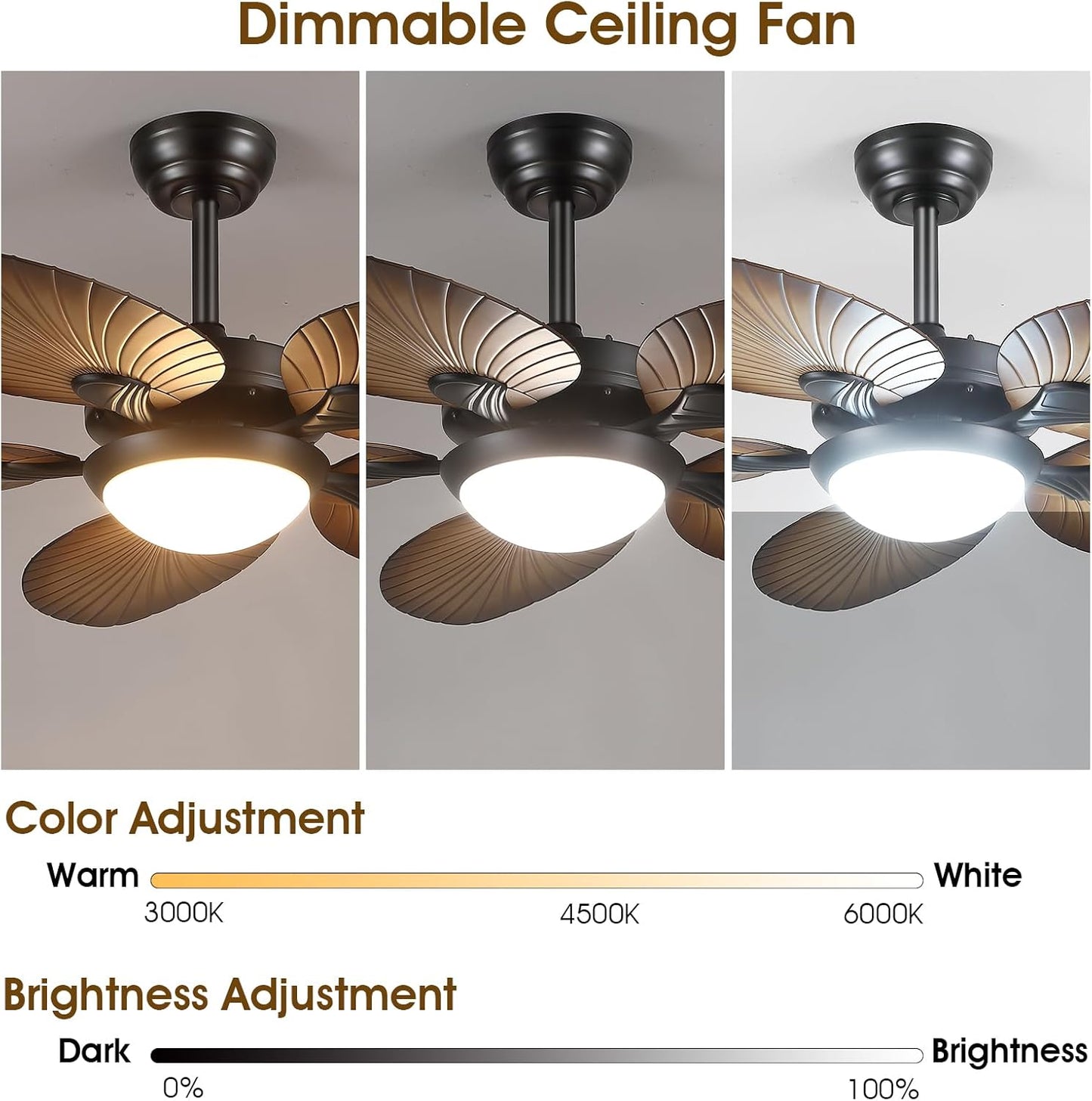 Wiviniya Ceiling Fans with Lights and Remote/APP Control, 44 Inch Tropical Palm Leaf Ceiling Fan with LED Lights, Outdoor Ceiling Fans for Patios Porch, Reversible Quiet Motor, Dimmable, Light Brown