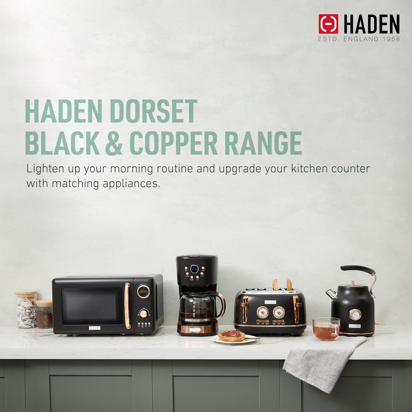 Haden Dorset 75070 Retro Stainless Steel Tea Kettle, 1500W Hot Water Kettle Electric Kettles for Boiling Water, 1.7L Black/Copper Electric Tea Kettles Automatic Shut Off, Boil-Dry Protection Tea Pots