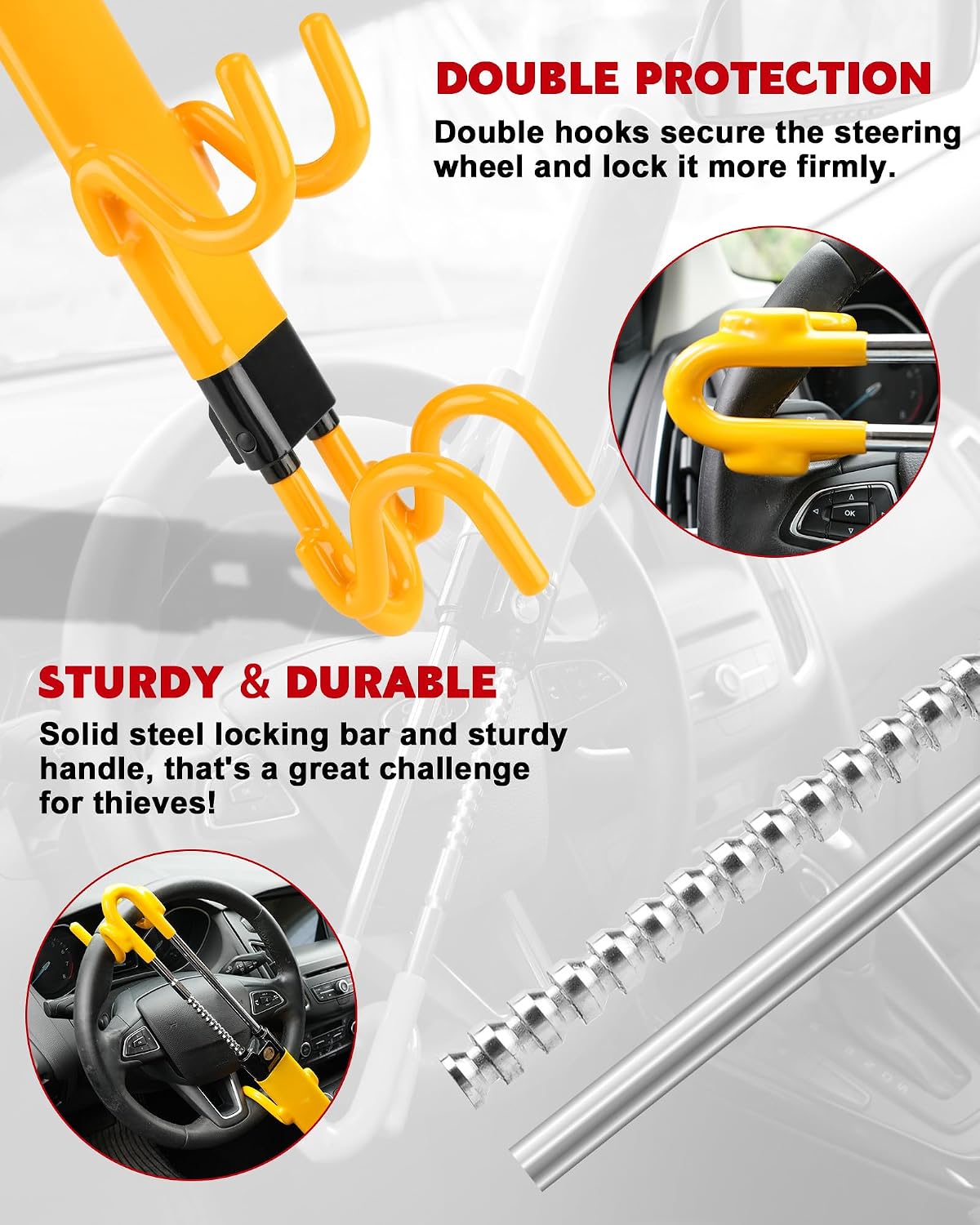 Tevlaphee Steering Wheel Lock Anti-Theft Car Device Heavy Duty Security Car Lock Antitheft Locking Devices Great Deterrent Adjustable Car Wheel Lock Anti Theft for Vehicle Truck with 3 Keys(Yellow)