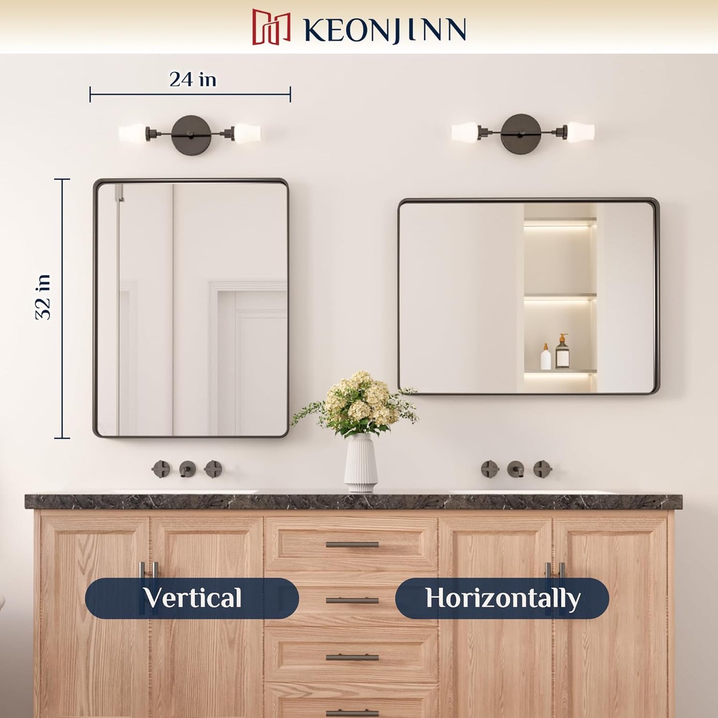 Keonjinn 42 x 36 Brushed Nickel Bathroom Vanity Mirror, Large Rounded Rectangle Bathroom Mirrors for over Sink, Metal Framed Silver Mirror for Wall, Shatterproof HD Tempered Glass(Horizontal/Vertical)