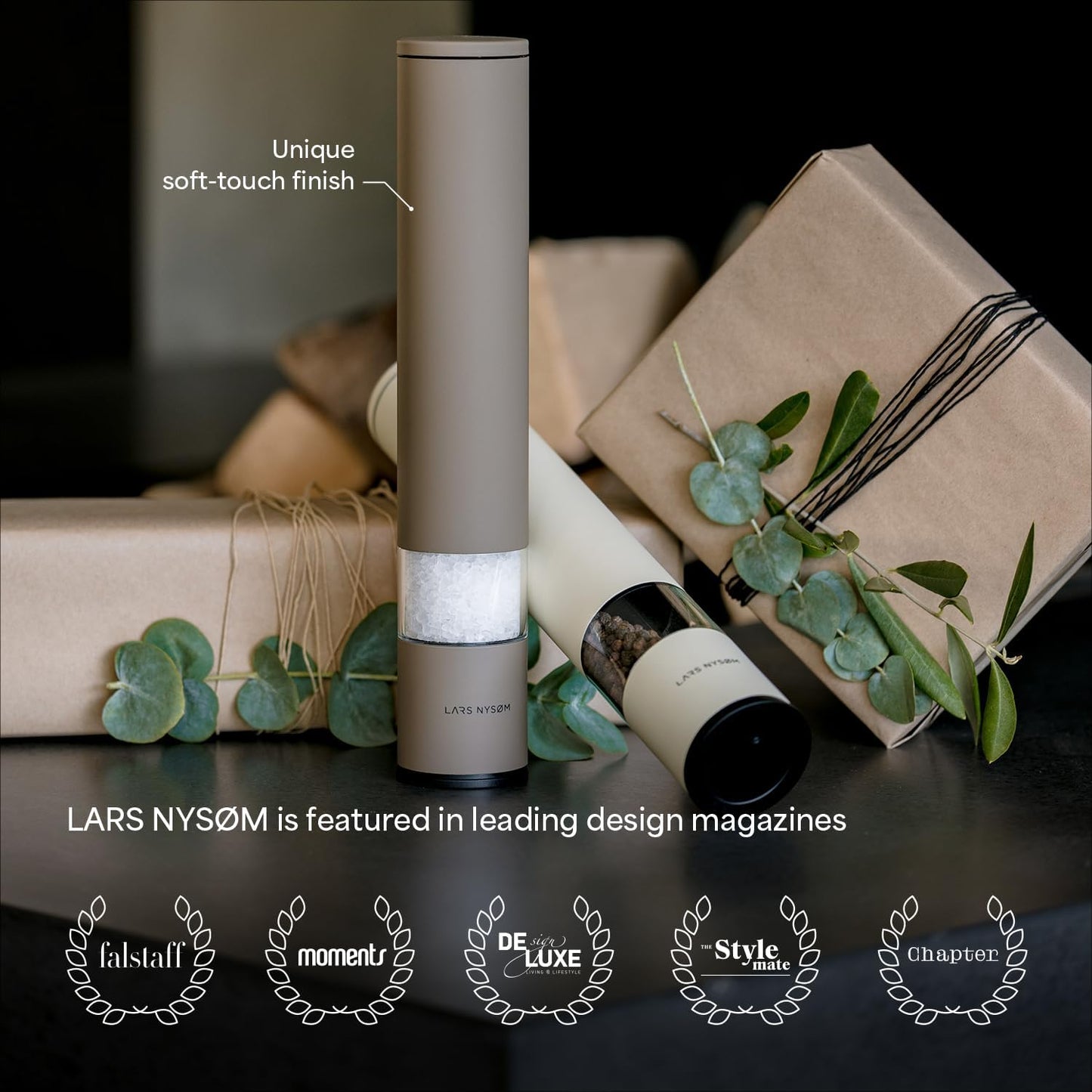 LARS NYSØM Salt and Pepper Mills Set Stainless Steel with Adjustable Ceramic Grinder 2 Pieces I Design Spice Mills Set Manual (Mustard Yellow)