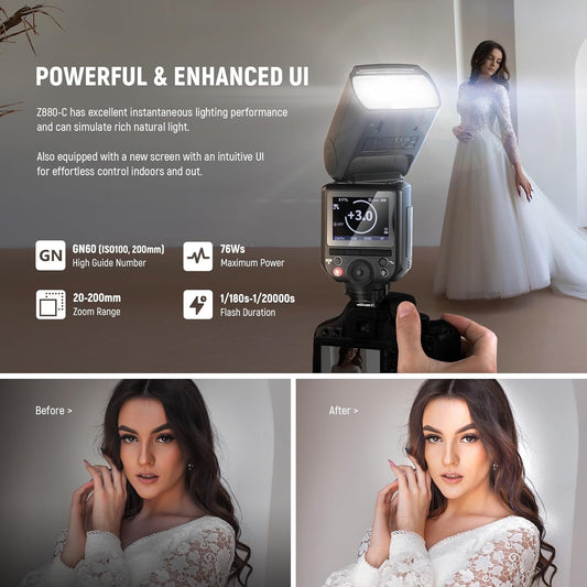 NEEWER Z880-C 2.4G 76Ws TTL Camera Flash Speedlite Compatible with Canon, Upgraded UI, Adjustable Modeling Lamp, TTL/M Quick Switch TCM Key, 1/8000s HSS 7.2V/3000mAh Battery 600 Full Power Flash - PuriLite