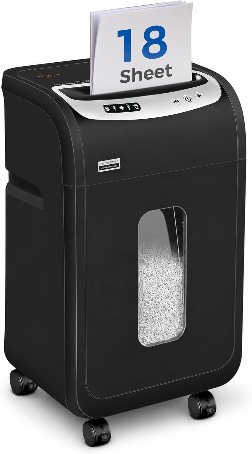 VidaTeco 18-Sheet Paper Shredder for Home Office Heavy Duty, 60-Minute Micro Cut P-4 Security, Auto-Reverse Anti-Jam System, Shreds Staples/CD/Credit Cards, 7.9-Gallon Pullout Bin & 4 Casters (ETL)
