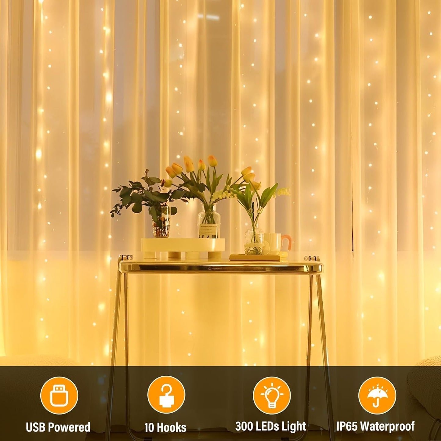 2 Pack Fairy Curtain Lights, Total 600 LED USB Plug in 8 Modes 9.8x9.8Ft Christmas String Hanging Lights with Remote for Bedroom, Indoor, Outdoor, Weddings, Party, Wall, Decorations, Warm White
