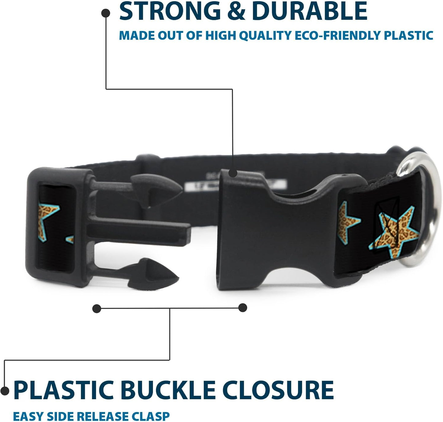 Buckle-Down PC-W21909-M Dog Collar Plastic Clip Buckle, 1"x11"-17", Star Black/White