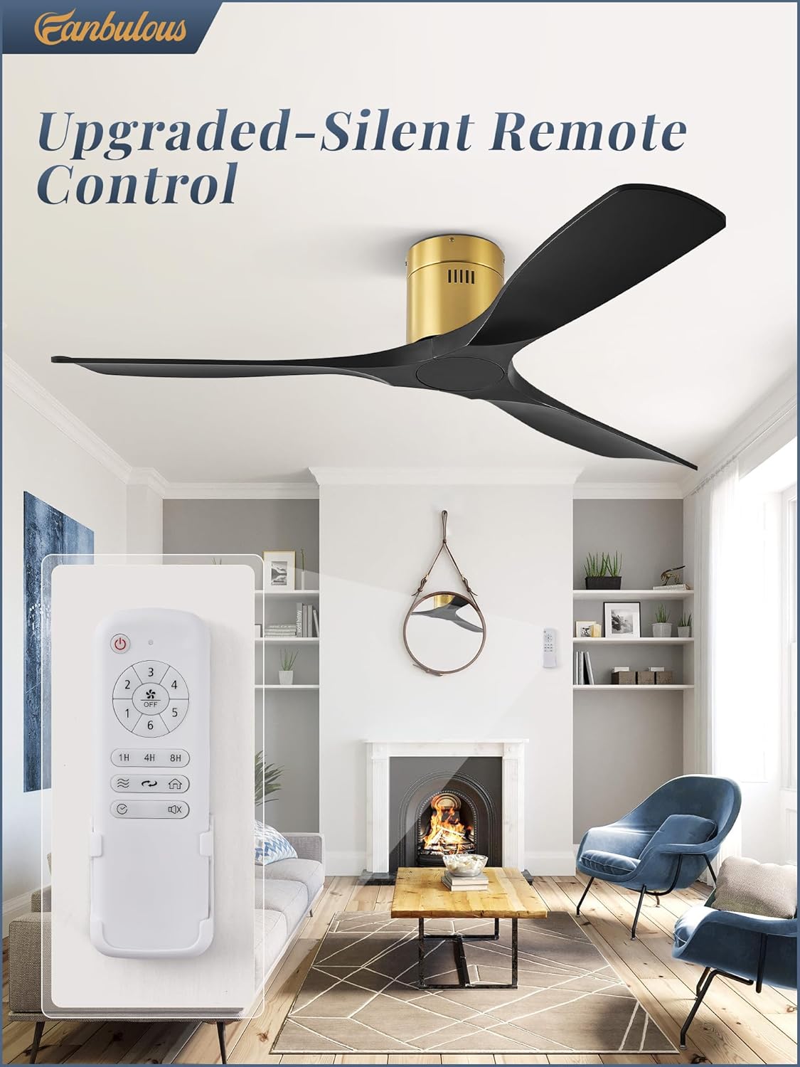 Fanbulous 52" Ceiling Fans with Lights and Remote Control,Modern Flush Mount Ceiling Fan with 3 LED Colors,Outdoor Low Profile Ceiling Fans with 6-Speeds Timer DC Motor for Bedroom Living Room Patio