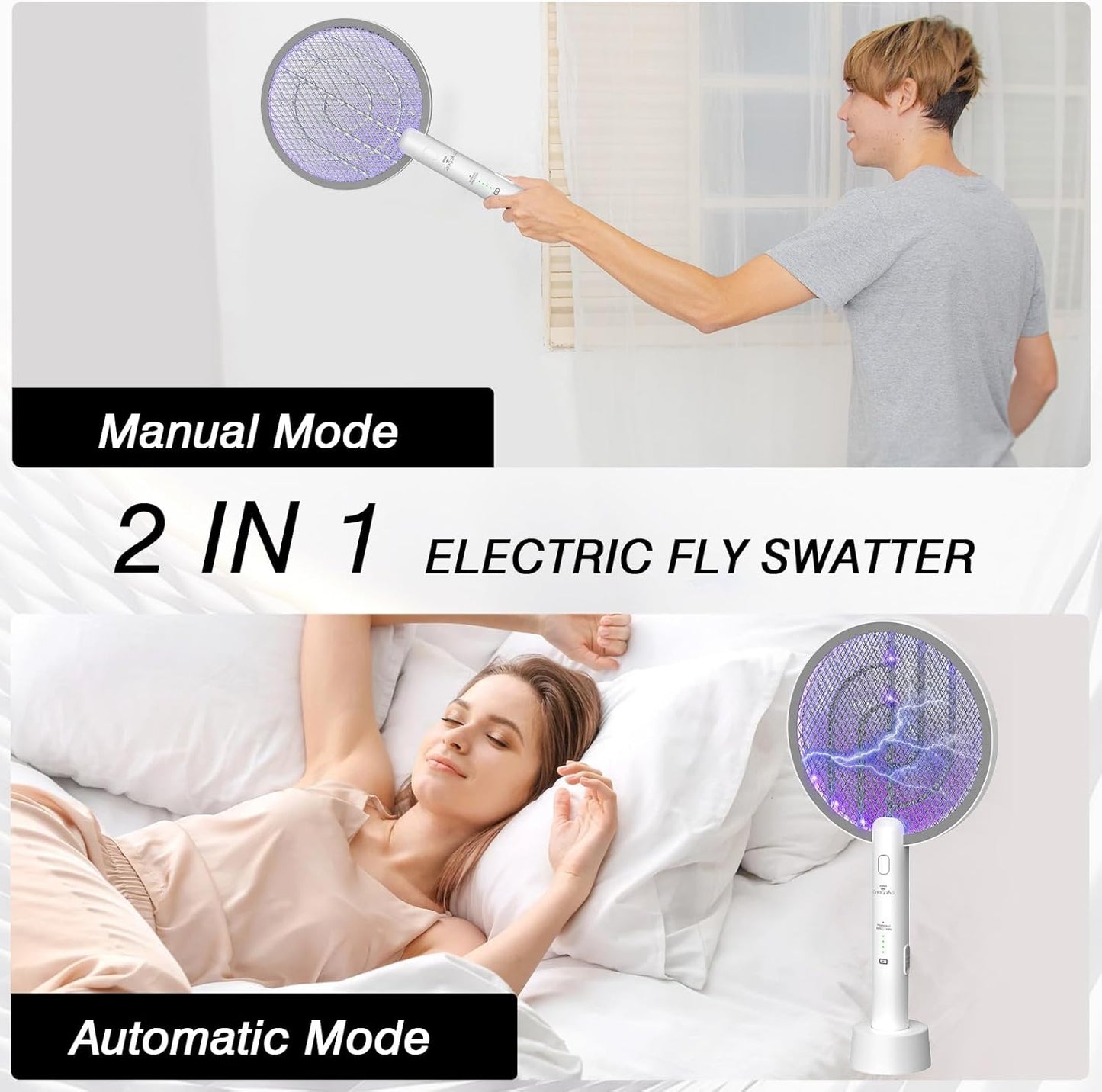 Gooqand Bug Zapper Racket, 2 in 1 Electric Fly Swatte with 3 Layer Safety Mesh, 4000V Fly Zapper with USB Rechargeable, Indoor Outdoor Fly Racket for Bedroom, Kitchen, Camping