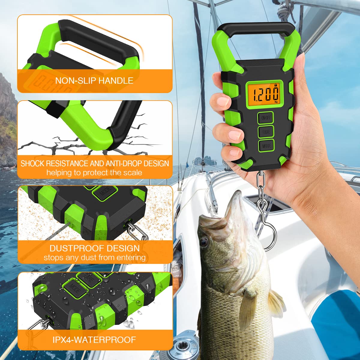 JXTZ Digital Fishing Scale, 110 lb / 50 kg Digital Luggage Scale with Backlit LCD Display, IPX4 Waterproof Hanging Scale with Measuring Tape, for Ice Fishing, Home Outdoor, Batteries Included - Green
