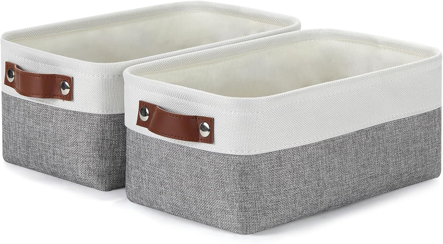 DULLEMELO Storage Baskets for Shelves, Fabric Collapsible Rectangular Storage Bins for Shelves, Closets, Nursery, Home, Office, Empty Gift Baskets (White&Teal)