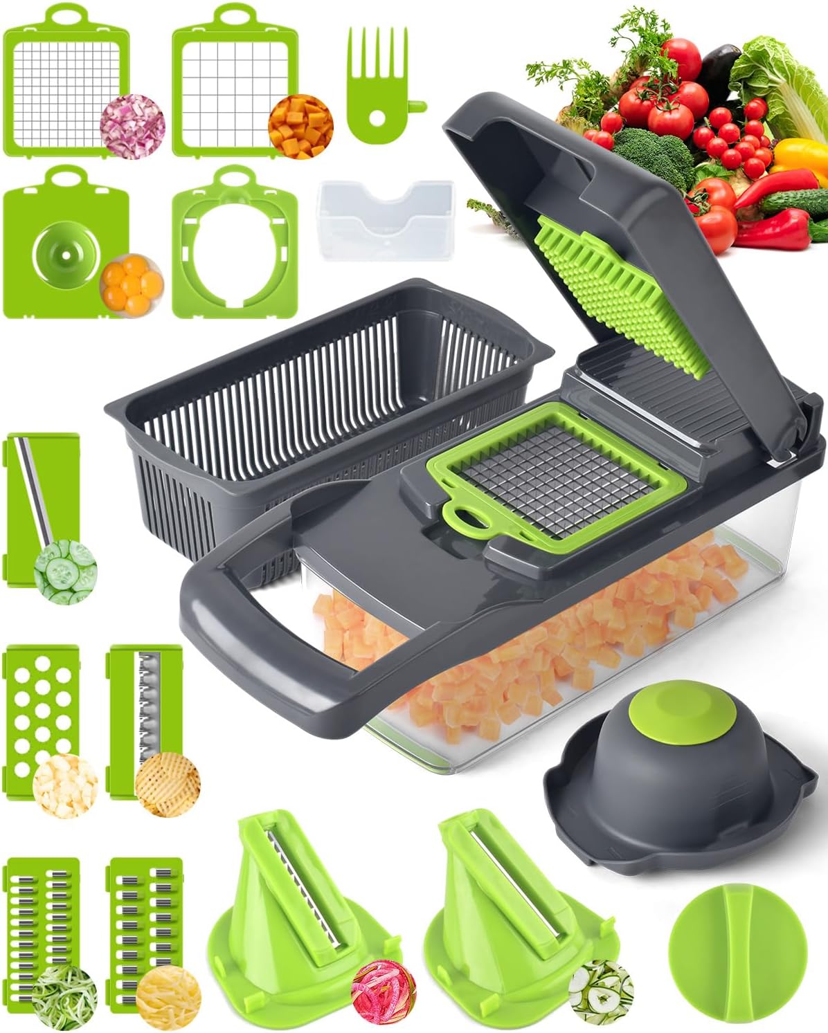 Vegetable Chopper for Kitchen, 26 in 1 Onion Chopper Slicer Dicer Potato Cutter Food Chopper Veggie Salad Maker Dicing Machine Potato Fruit Dicer with Container