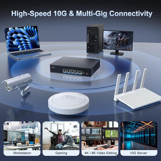 5-Port 10G RJ45 Ethernet Switch Unmanaged, VunLink 10GBase-T Network Switch,Multi-Gig 10G/5G/2.5G/1G, 100Gbps Capacity, Plug & Play,Desktop/Rackmount, for NAS/PC/Router/Workstation/10G NIC