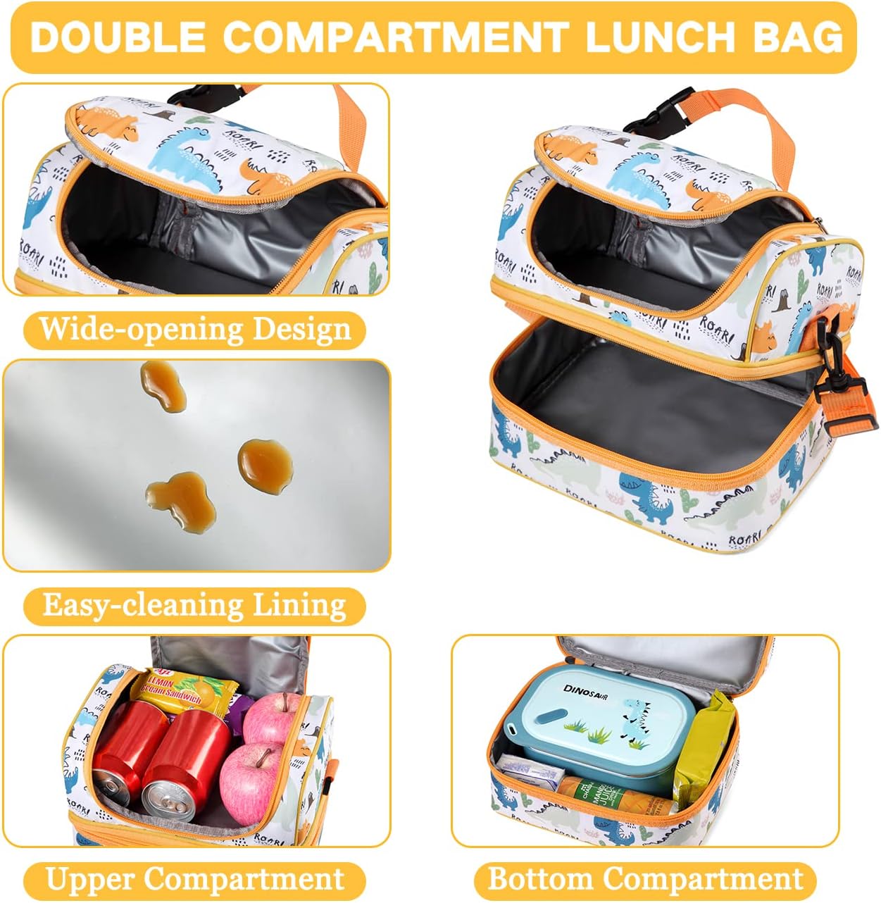 VASCHY Lunch Box Bag Men, Insulated Two Compartments Bento Cooler Bags for Adults/Women/Kids for School,Daycare,Kindergarten,Picnic Black