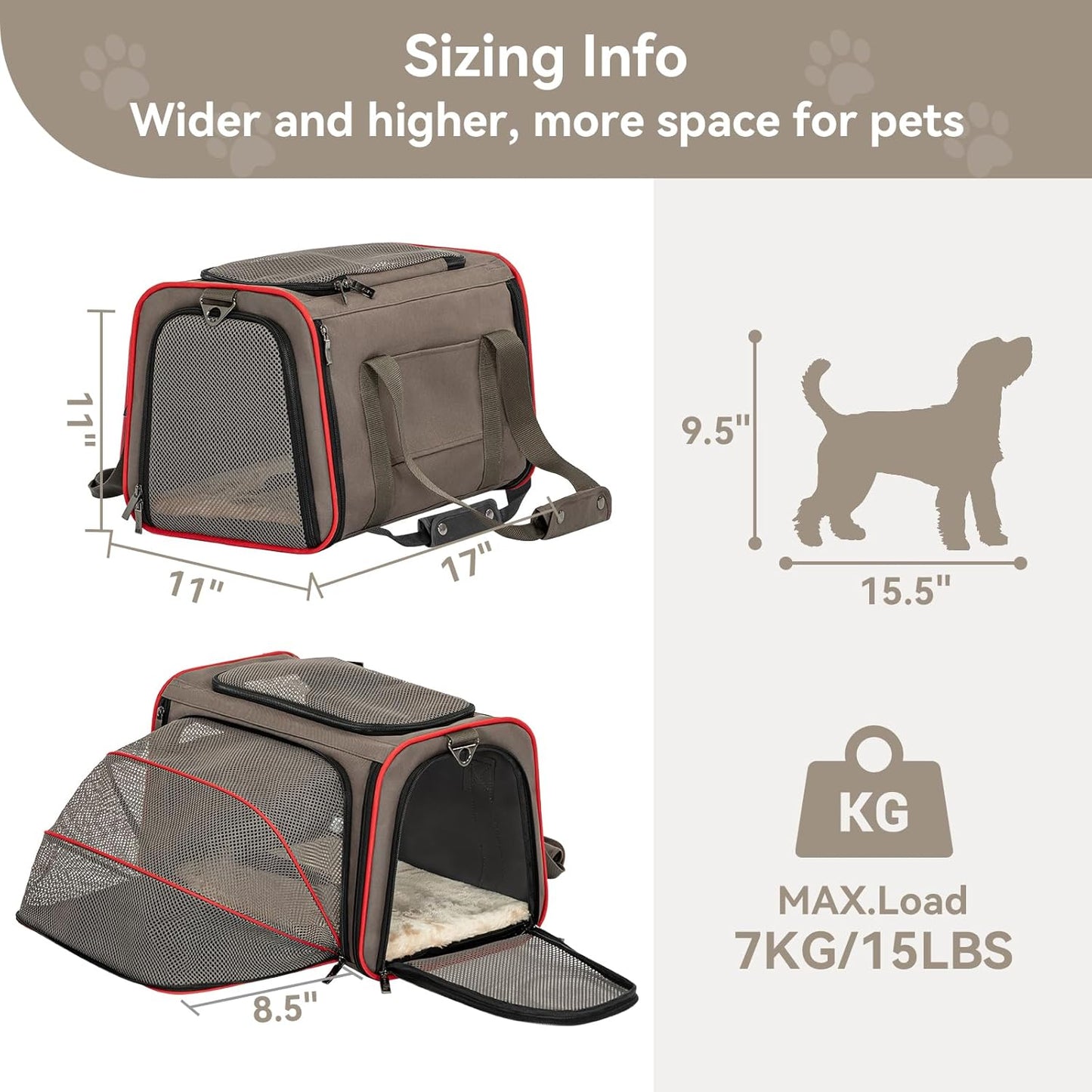 Petsfit Expandable Cat Dog Carrier Airline Approved, 17" L x 11" W x 11" H Soft-Sided Portable Pet Travel Carrier for Kitten, Puppy, Removable Soft Plush Mat and Pockets, Auto-Locking Zippers