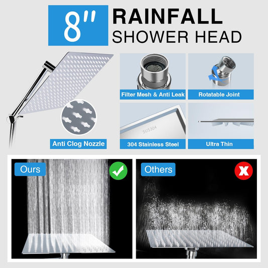 PALAS Rainfall Shower Head/Handheld Showerheads Combo, High Pressure Shower Head with Filter, Reinforced 60" Hose/Holder,Extension Arm Height/Angle Adjustable, Anti-Clog Nozzle (Chrome-8 Inches) - PuriLite