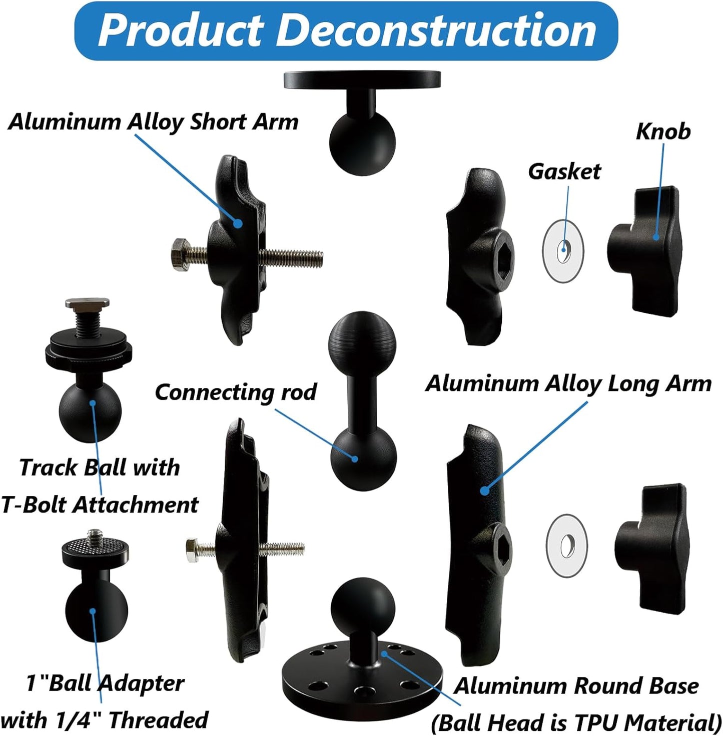 Fish Finder Mount, Aluminum Arm Extension, T-Bolt Attachment for Track Systems, B Size Ball Mount Compatible with RAM, Double AMPS Round Plate for GPS/Boats/Industry