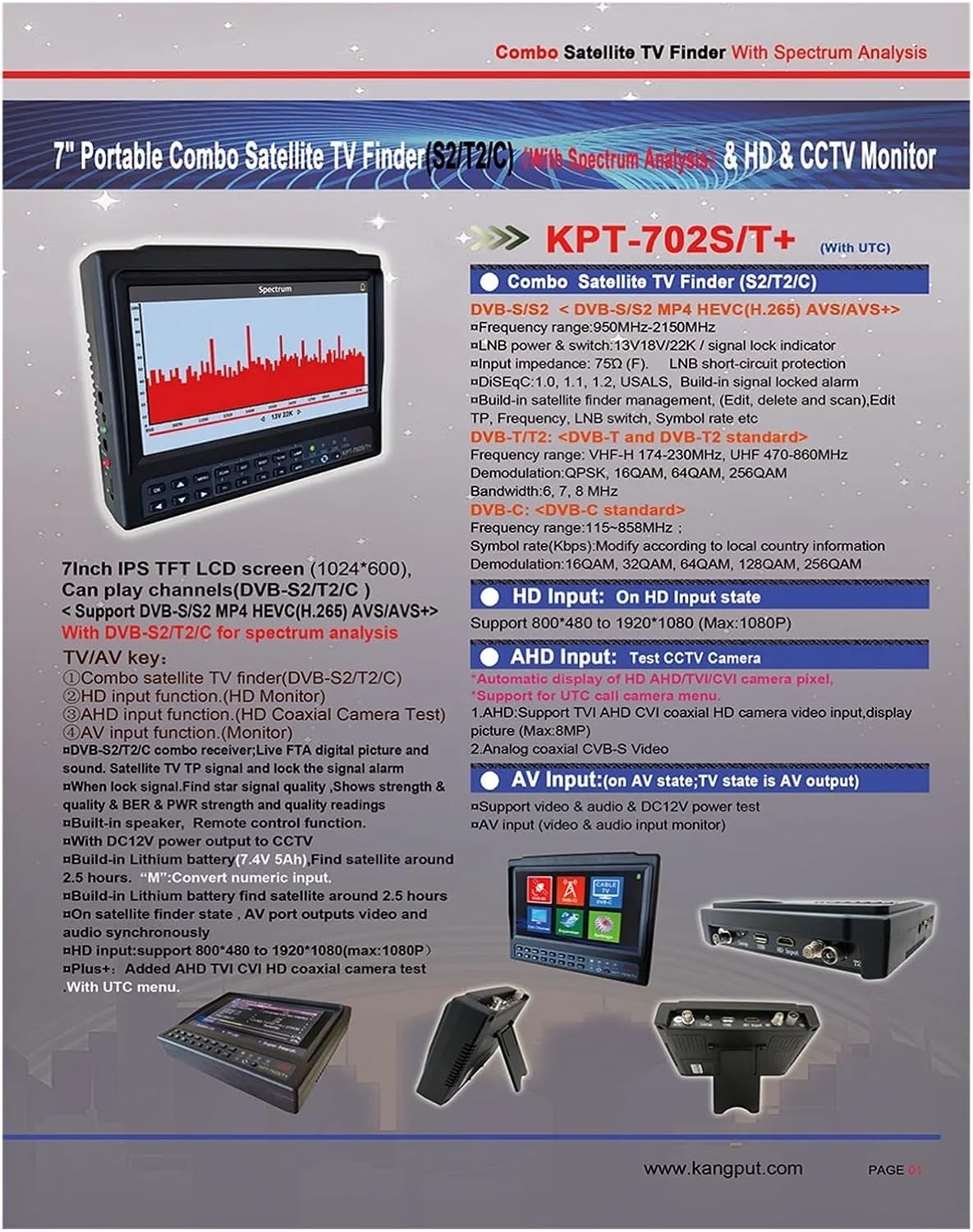KPT-702S/T+ Combo Satellite TV Finder DVB-S2 DVB-T2 DVB-C Vs Kpt 717st Plus Gtmedia V8 Finder Pro2 Dvb T2 Satfinder