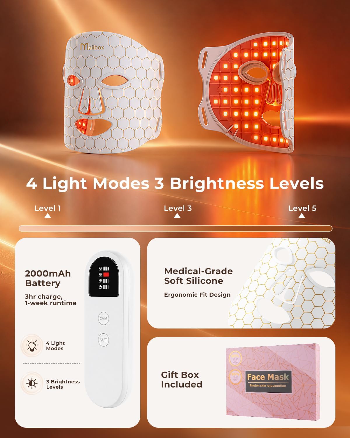 Led Mask Spectrum Mask and Neck Red Light for Face Set, 850nm and Red Light 630nm, 460nm 530nm 4 Gears Energy Adjustment, White