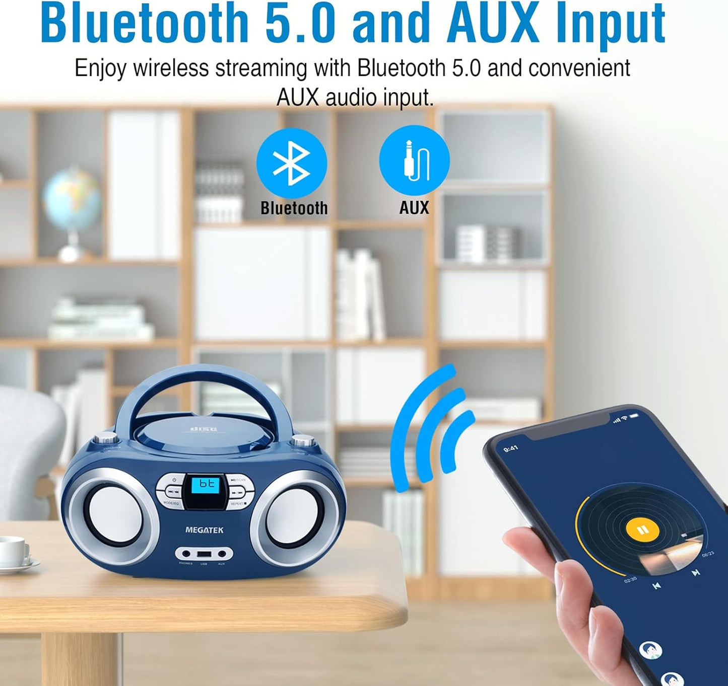 MEGATEK Portable CD Player Boombox with FM Radio, Bluetooth, USB Port, AUX Input, and Headphone Jack – CD-R/CD-RW/MP3-CD Compatible, Clear Stereo Sound, Backlit LCD Display – Black
